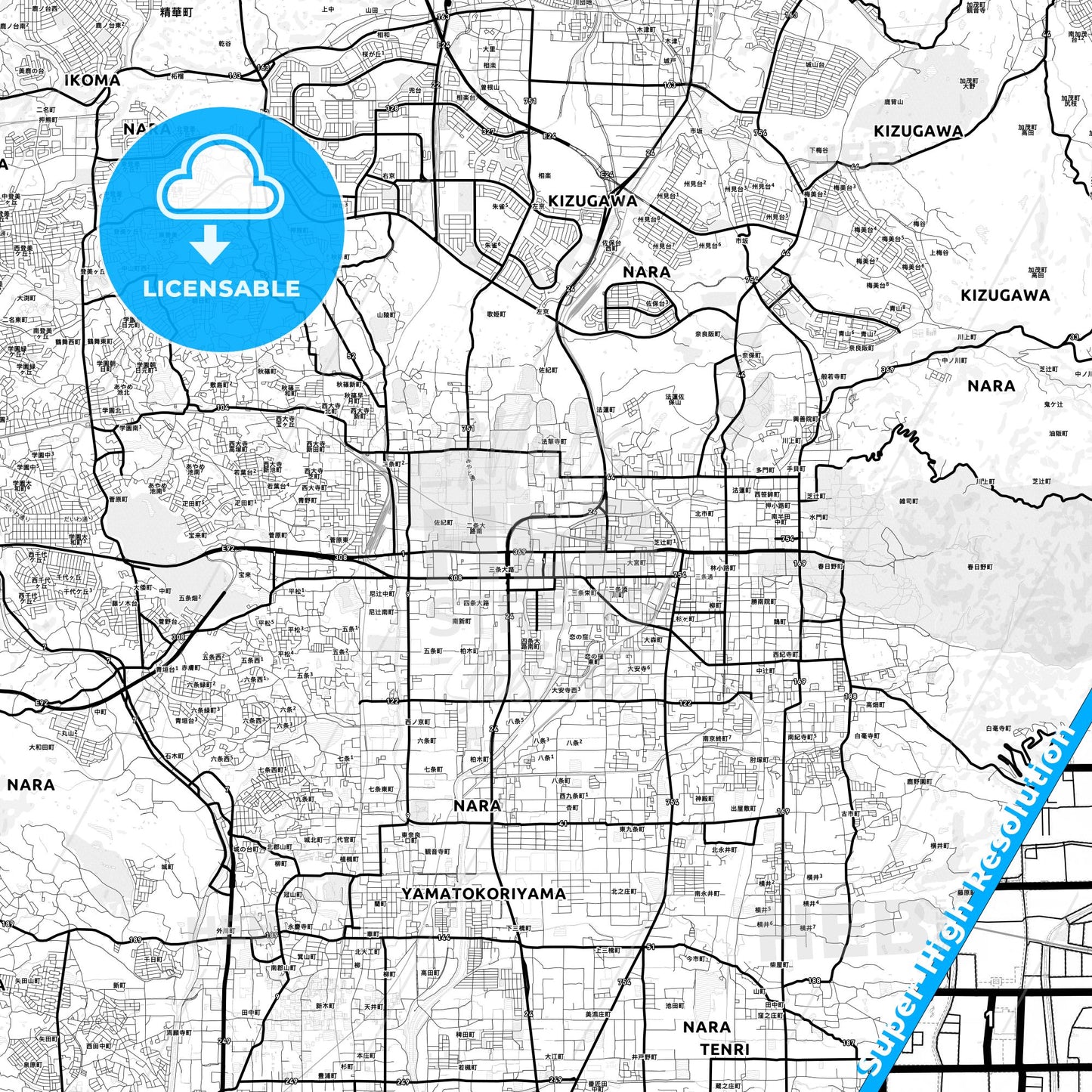 Nara, Japan Light Map with Street Names, City Names, and Districts