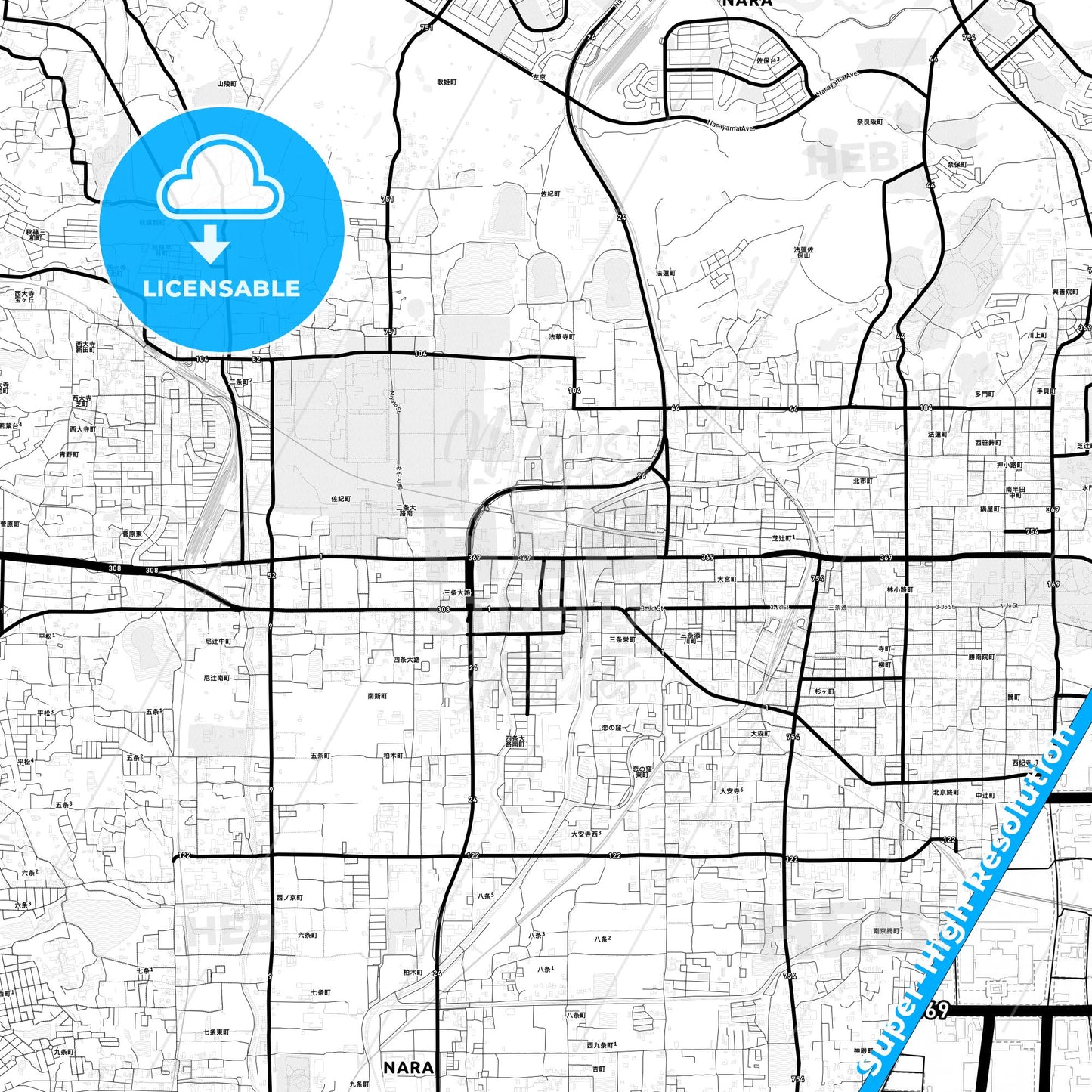 Nara, Japan Light Map with Street Names, City Names, and Districts