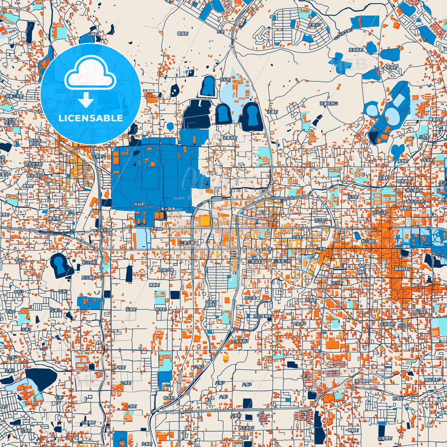 Colorful Nara Street Map with Labels and Buildings
