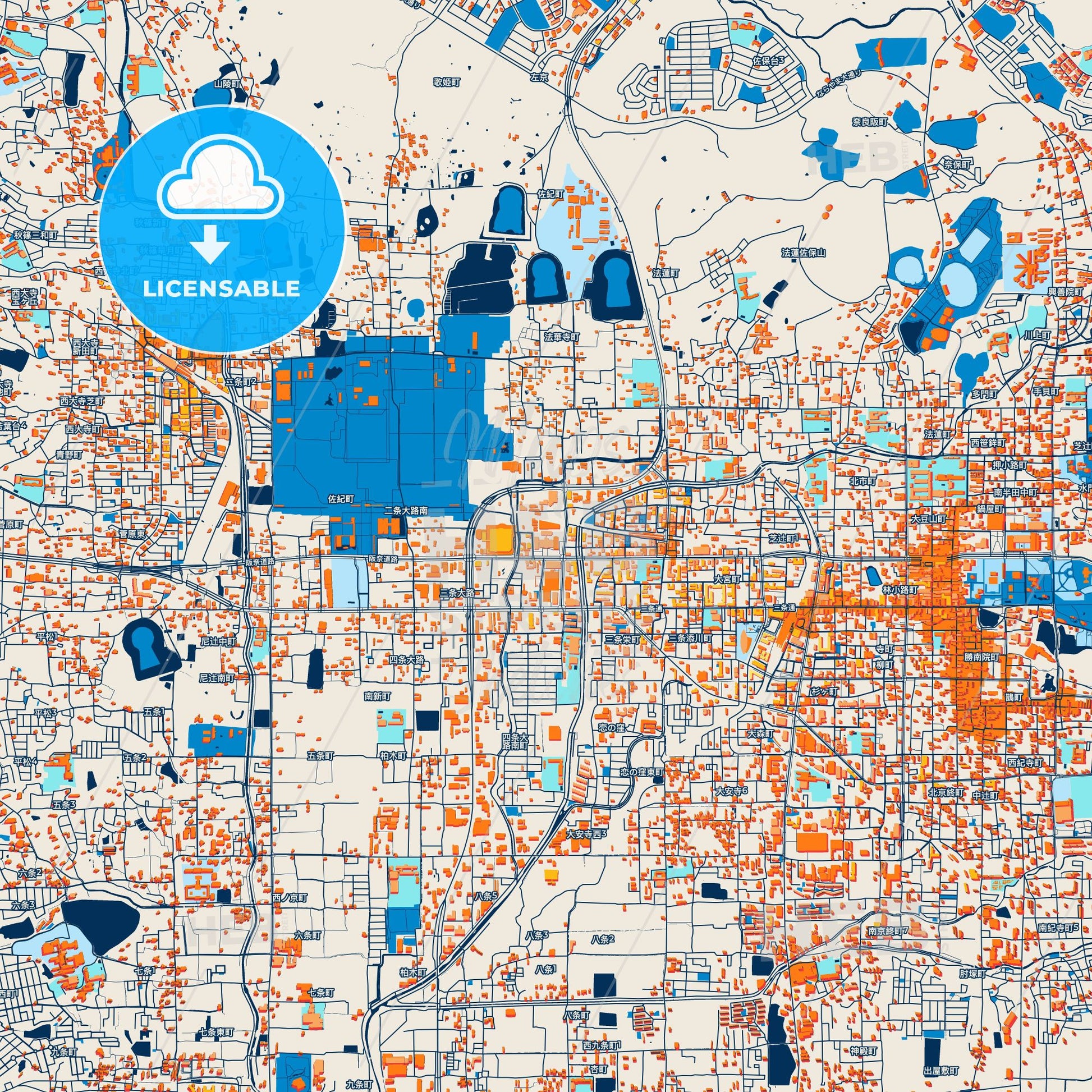 Colorful Nara Street Map with Labels and Buildings