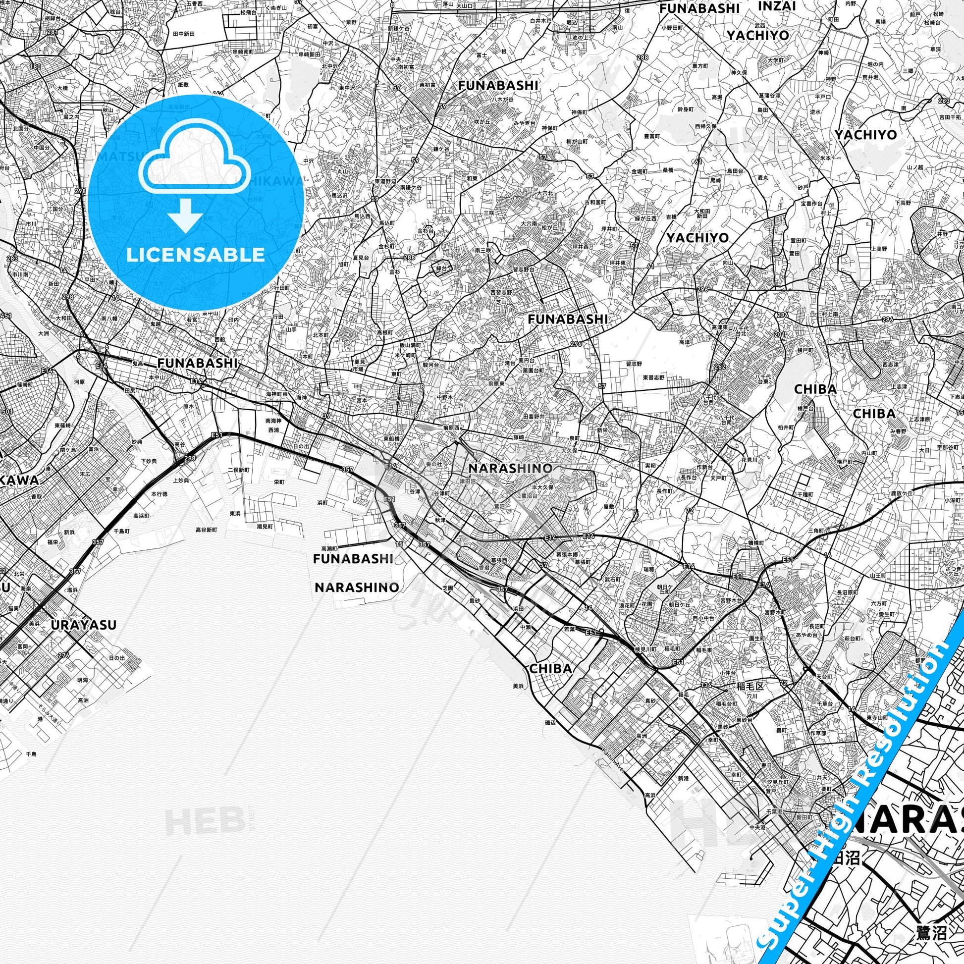 Narashino, Japan light map with streetnames, citynames and districts