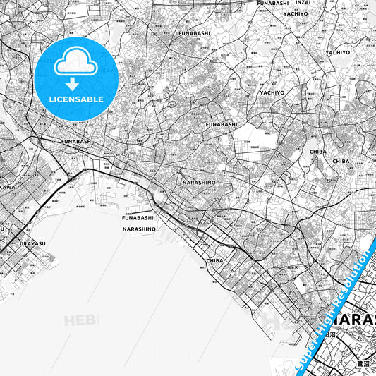 Narashino, Japan light map with streetnames, citynames and districts