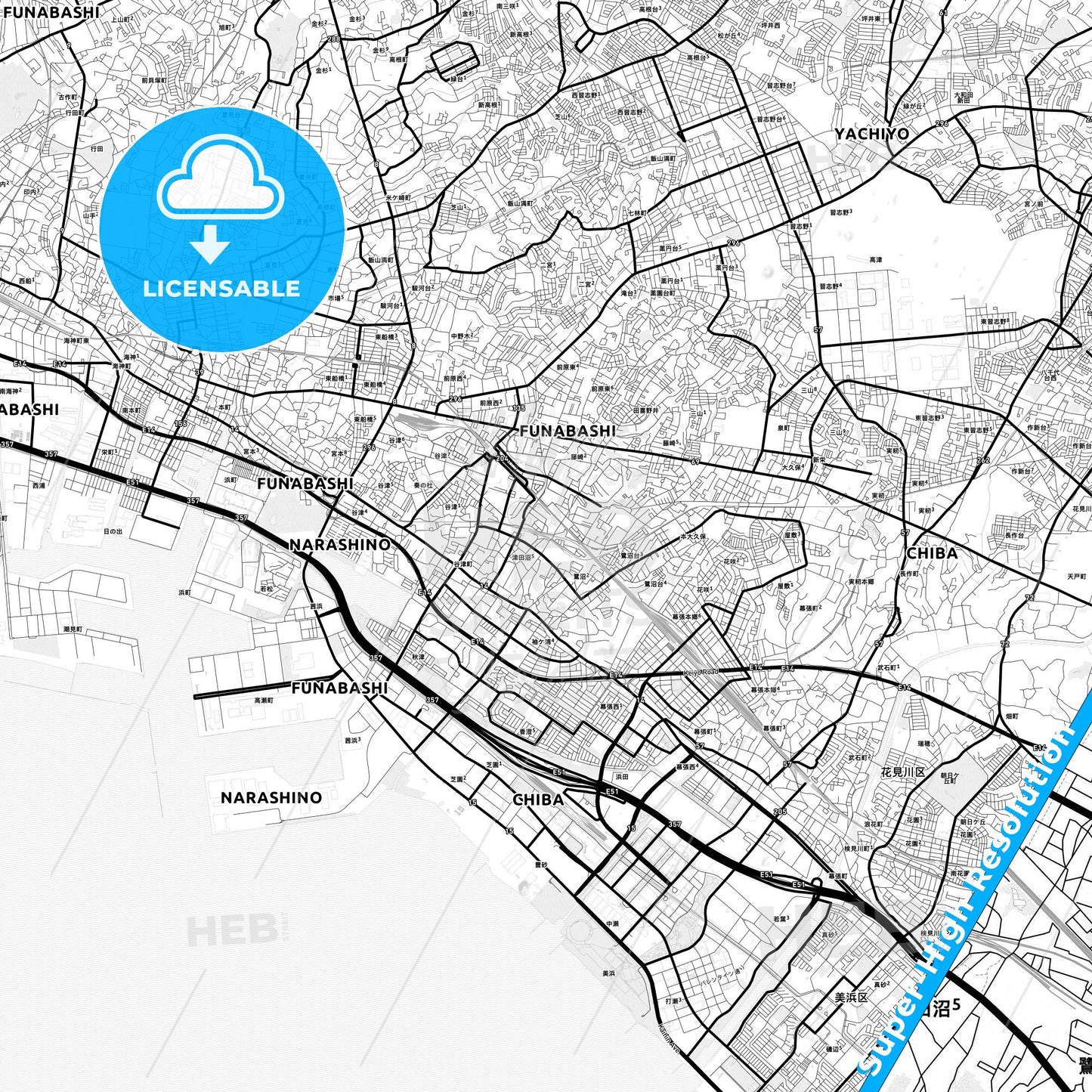 Narashino, Japan Light Map with Street Names, City Names, and Districts