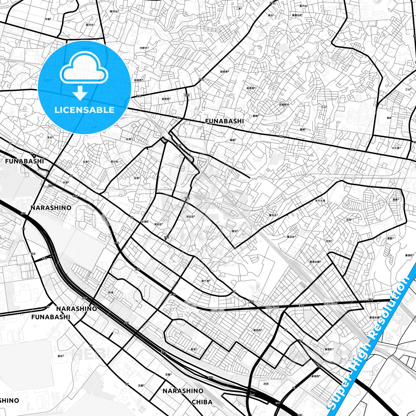 Narashino, Japan Light Map with Street Names, City Names, and Districts