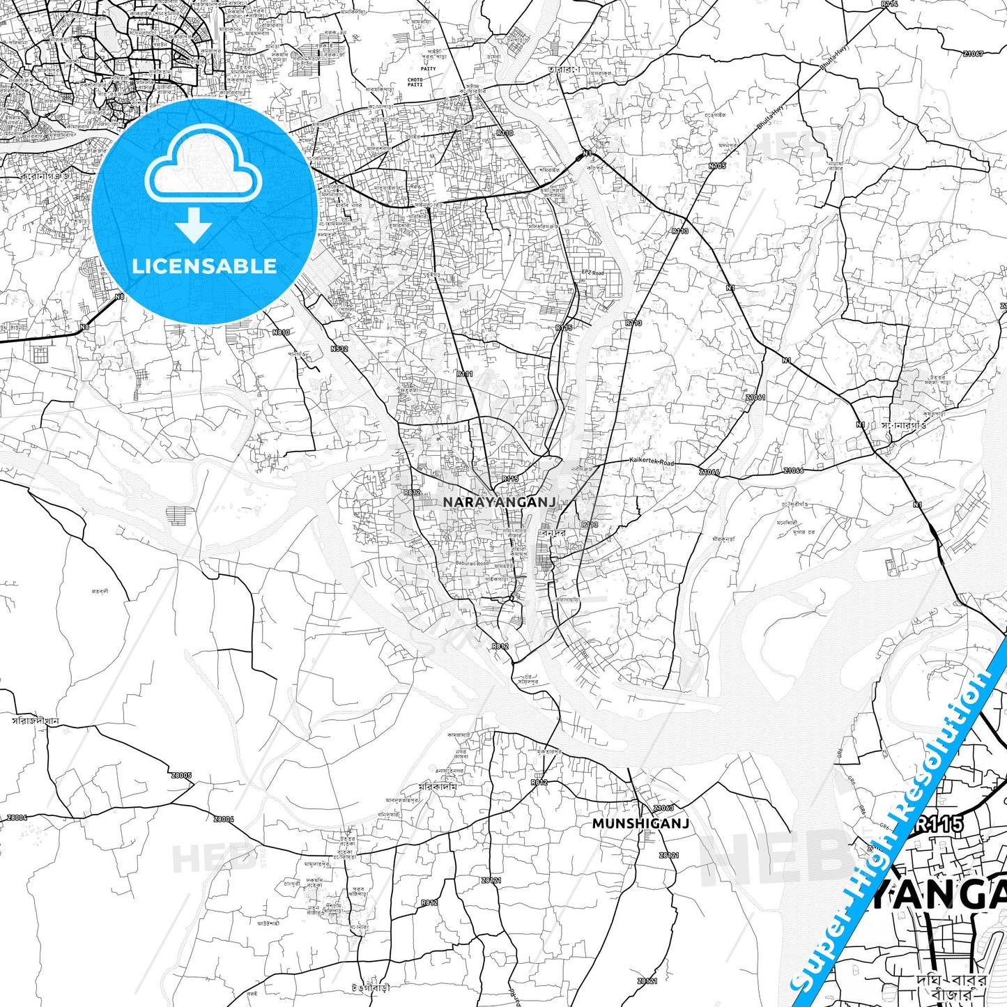 Narayanganj, Bangladesh light map with streetnames, citynames and districts
