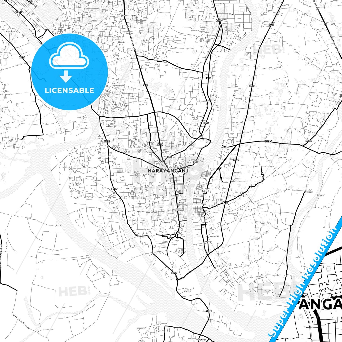 Narayanganj, Bangladesh Light Map with Street Names, City Names, and Districts