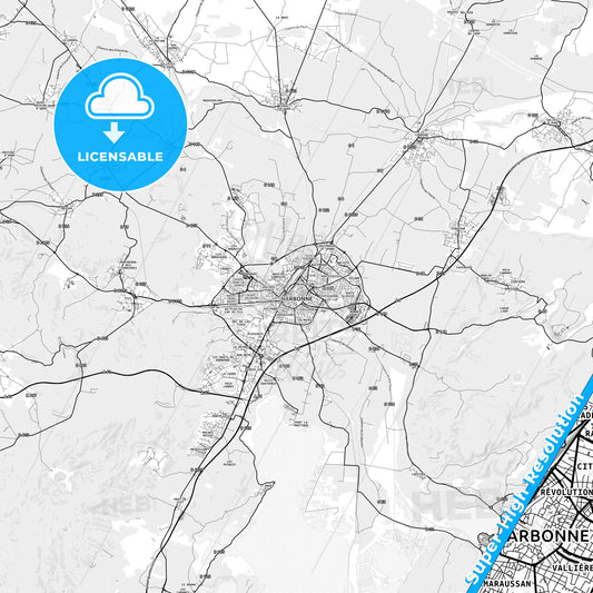 Narbonne, France light map with streetnames, citynames and districts