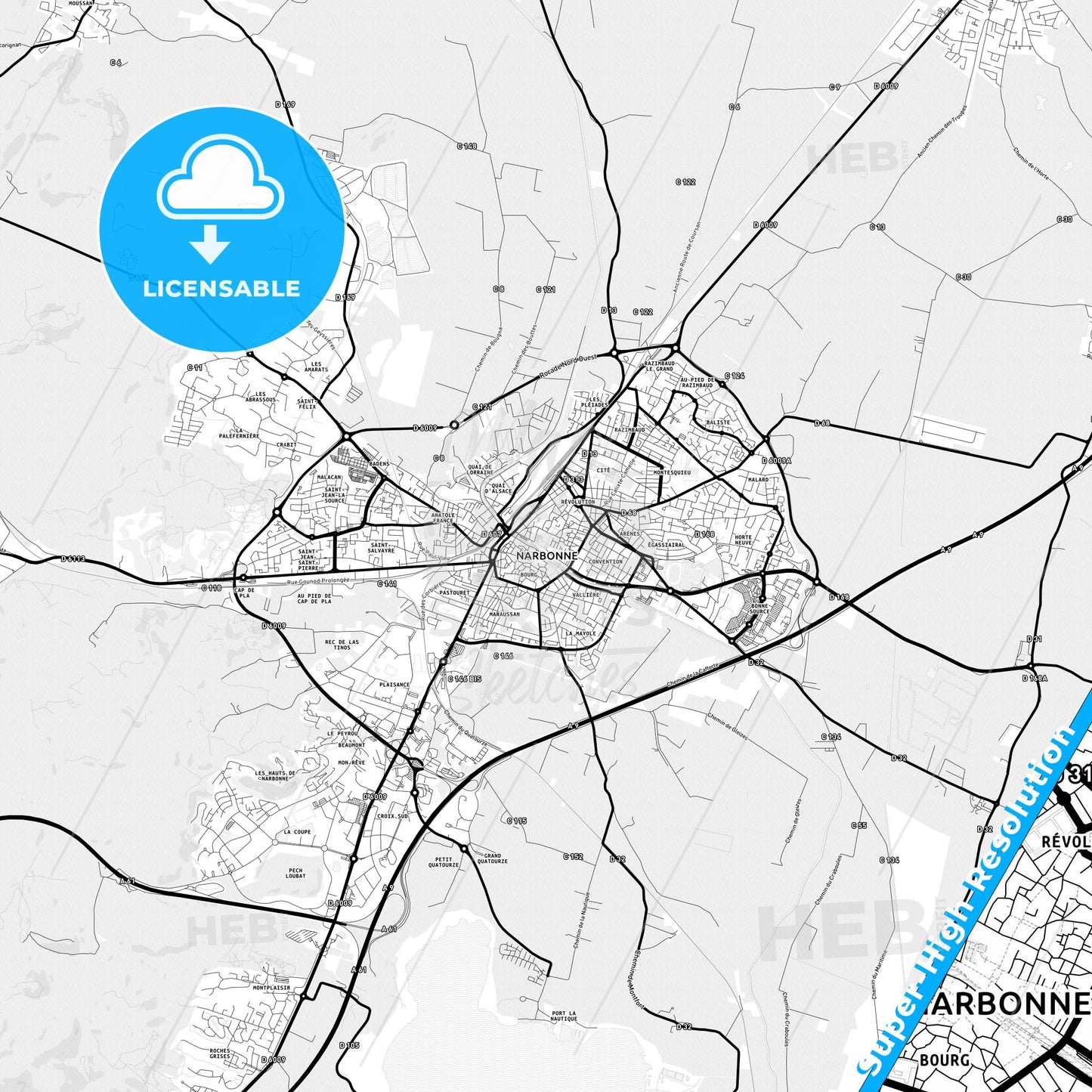 Narbonne, France Light Map with Street Names, City Names, and Districts