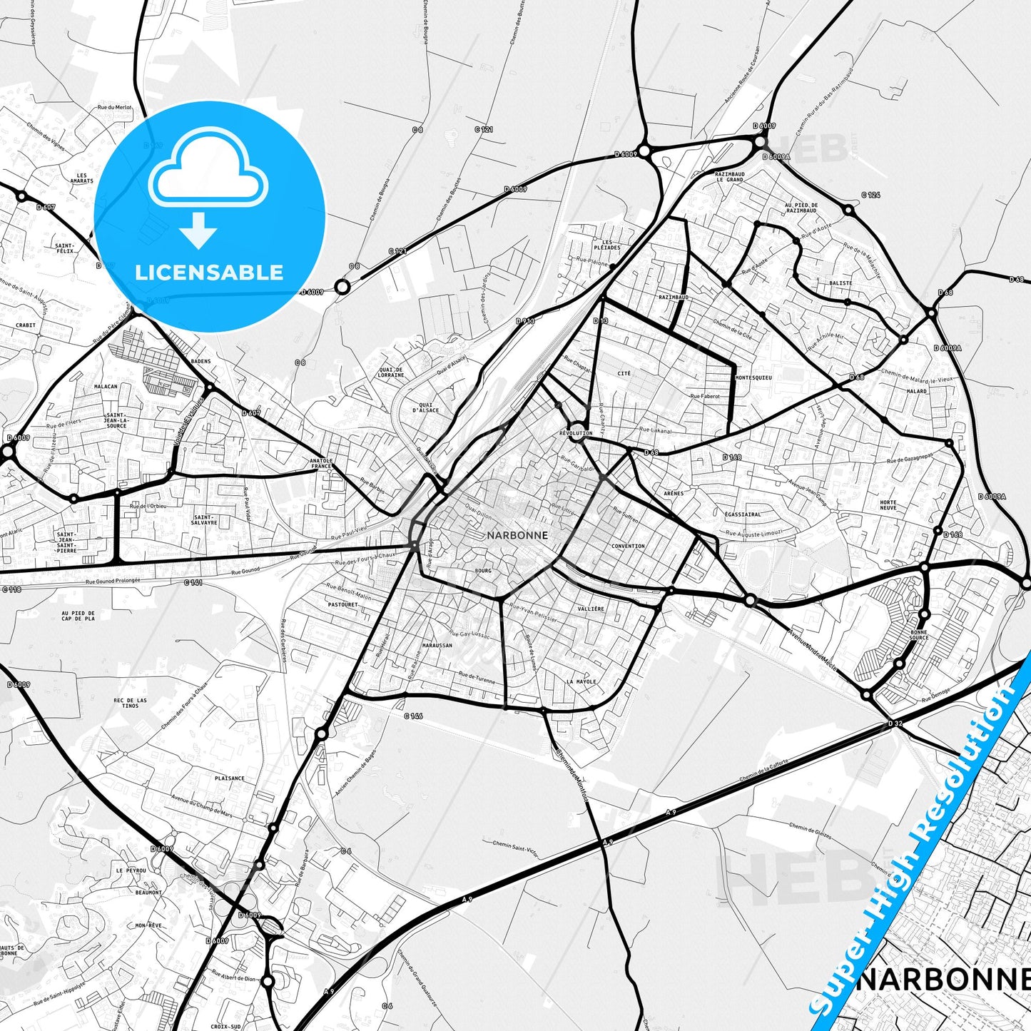 Narbonne, France Light Map with Street Names, City Names, and Districts