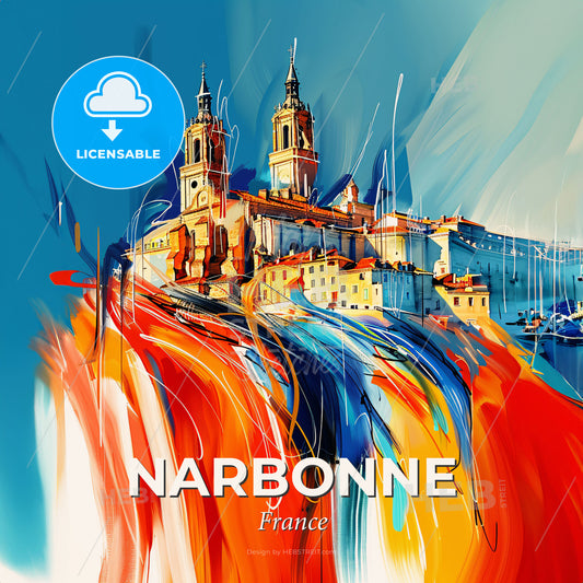 Vibrant Narbonne, France - A Painting Of A Building With A Colorful Background - Square format print template