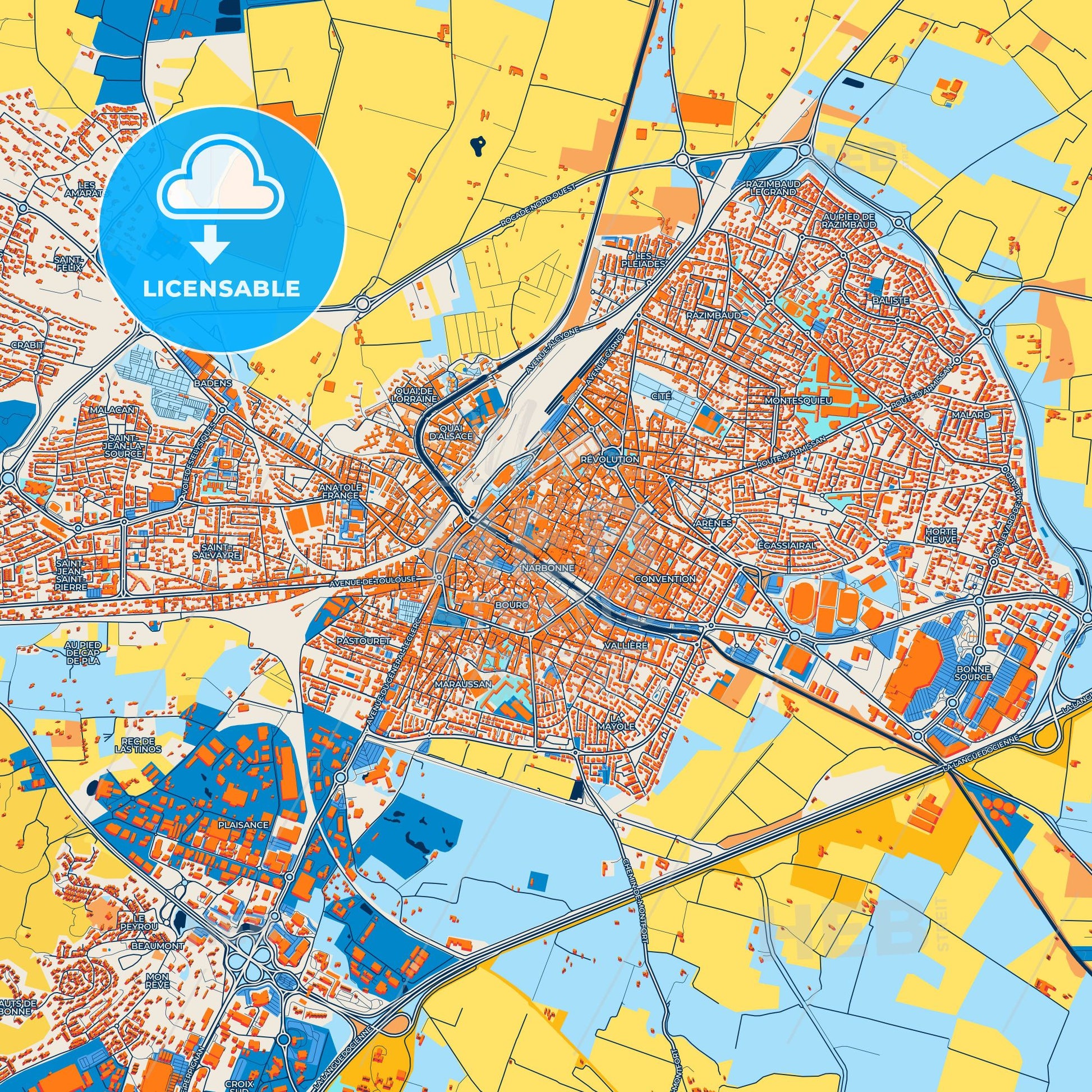 Colorful Narbonne Street Map with Labels and Buildings