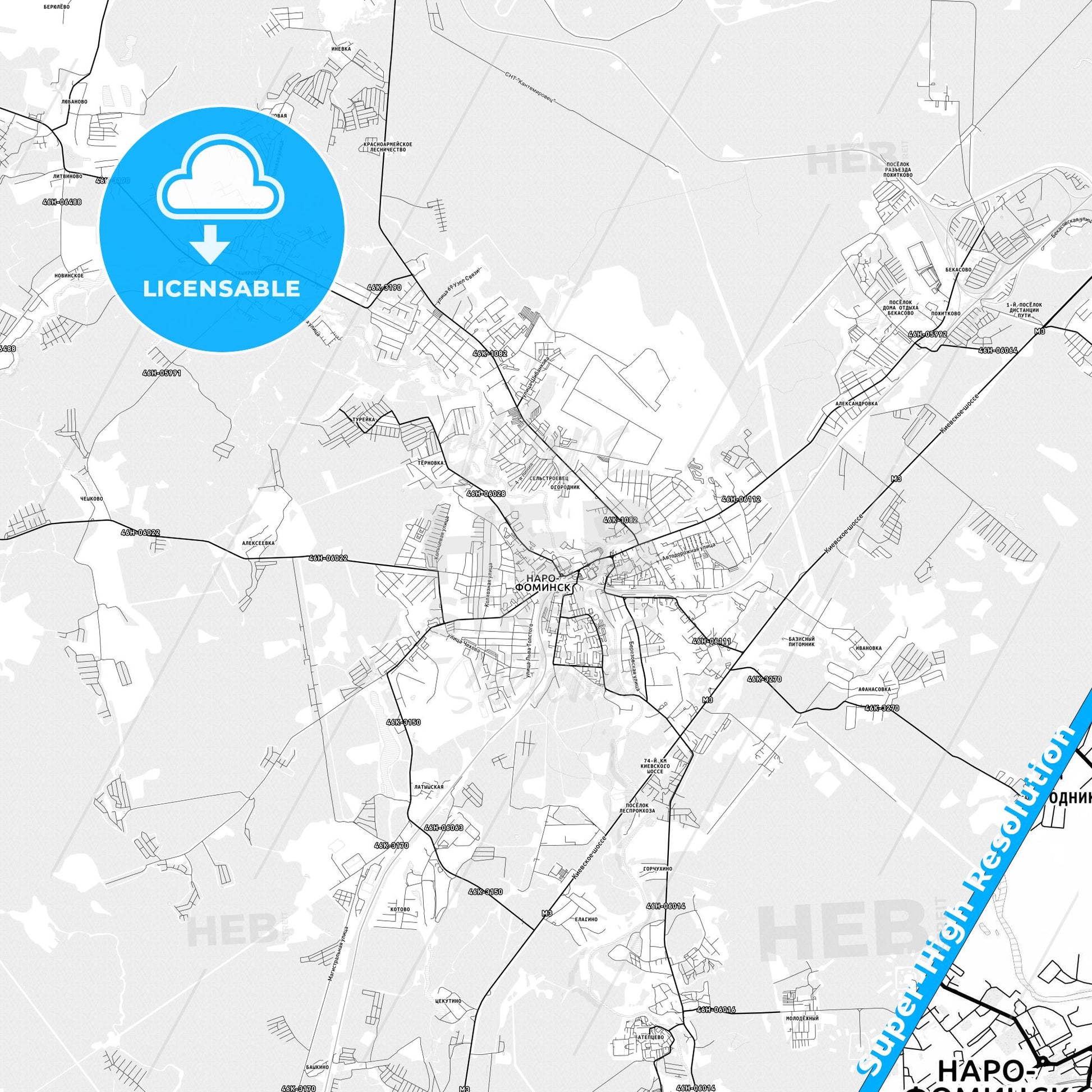 Naro-Fominsk, Russia light map with streetnames, citynames and districts