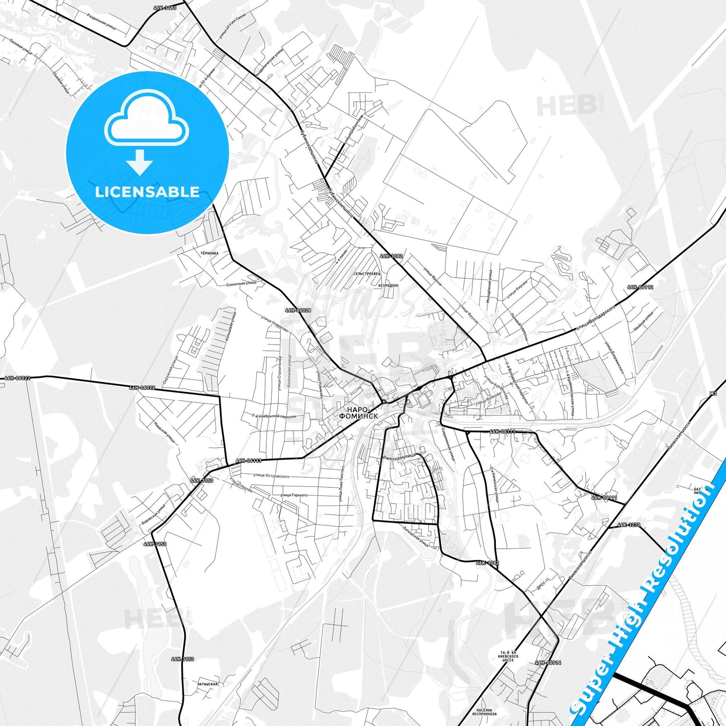 Naro-Fominsk, Russia Light Map with Street Names, City Names, and Districts