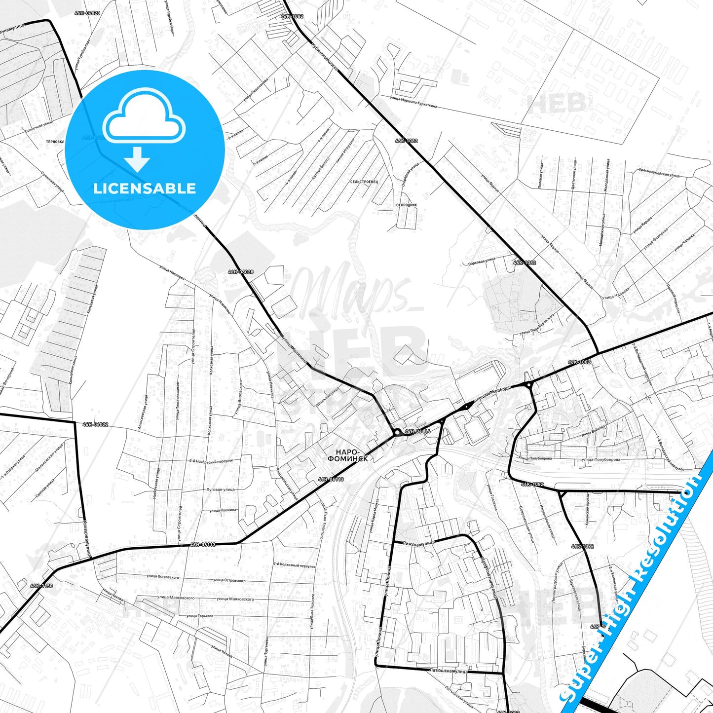 Naro-Fominsk, Russia Light Map with Street Names, City Names, and Districts