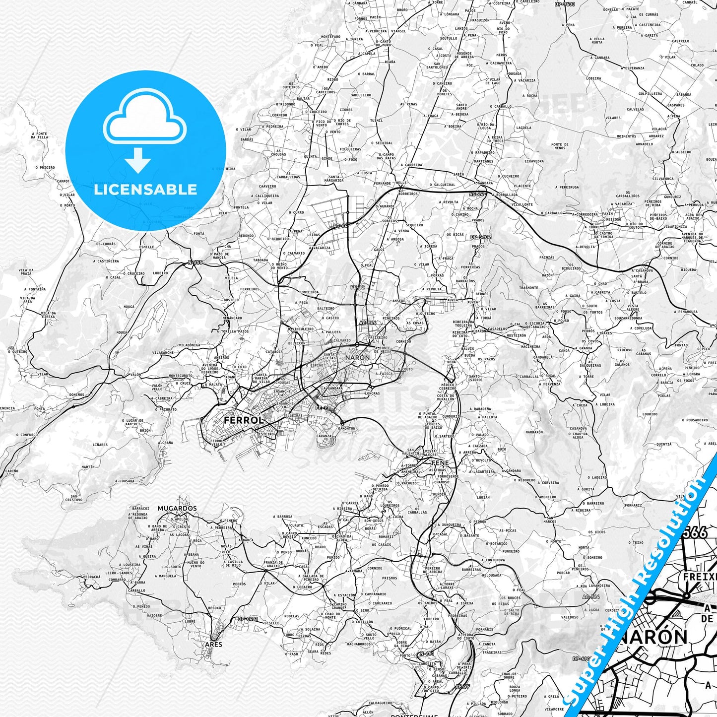Narón, Spain light map with streetnames, citynames and districts