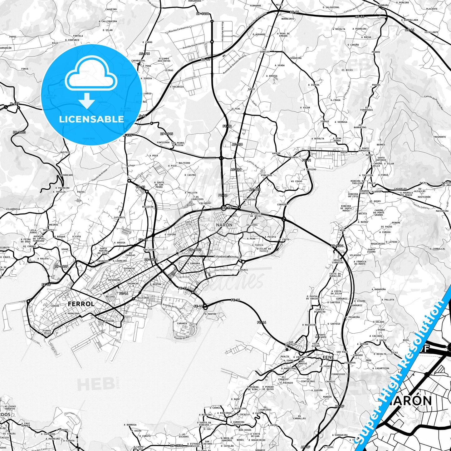 Narón, Spain Light Map with Street Names, City Names, and Districts