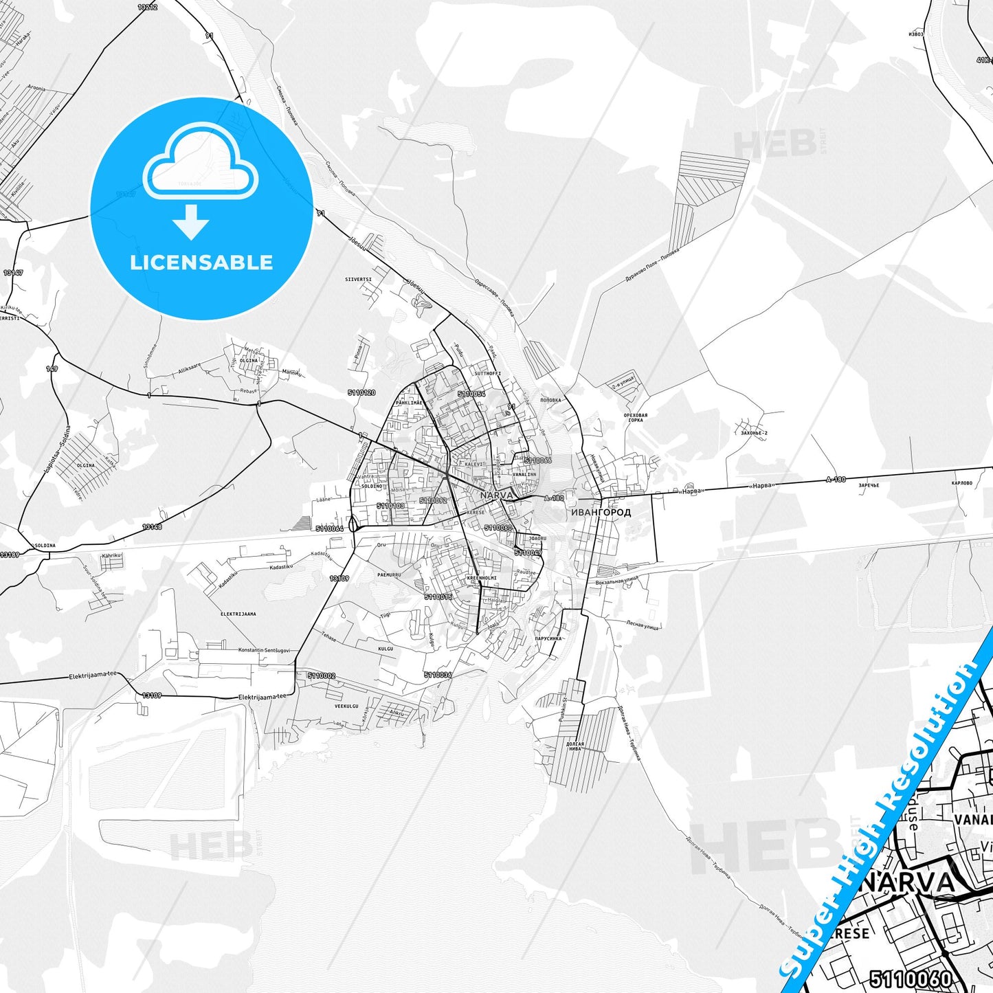 Narva, Estonia light map with streetnames, citynames and districts