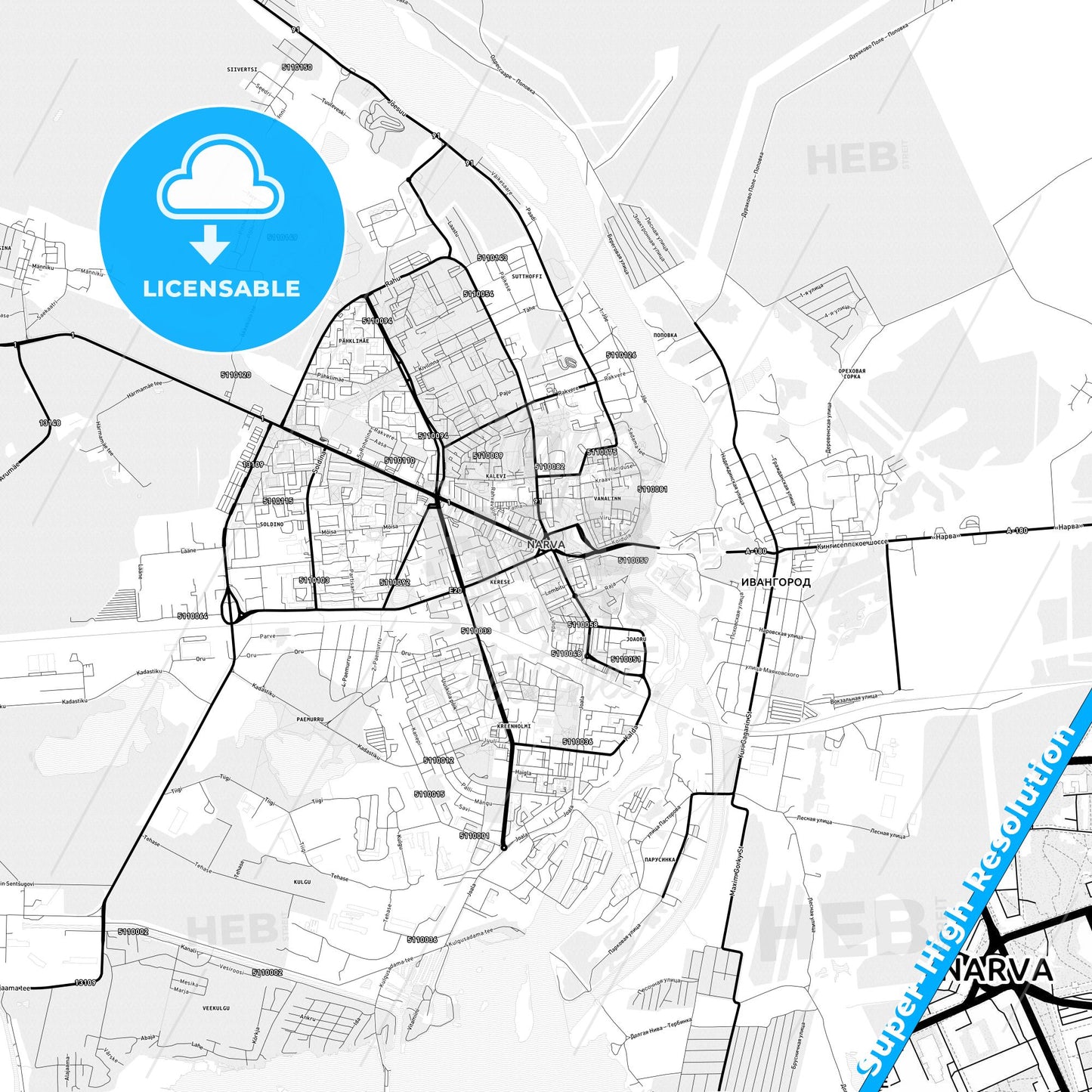 Narva, Estonia Light Map with Street Names, City Names, and Districts