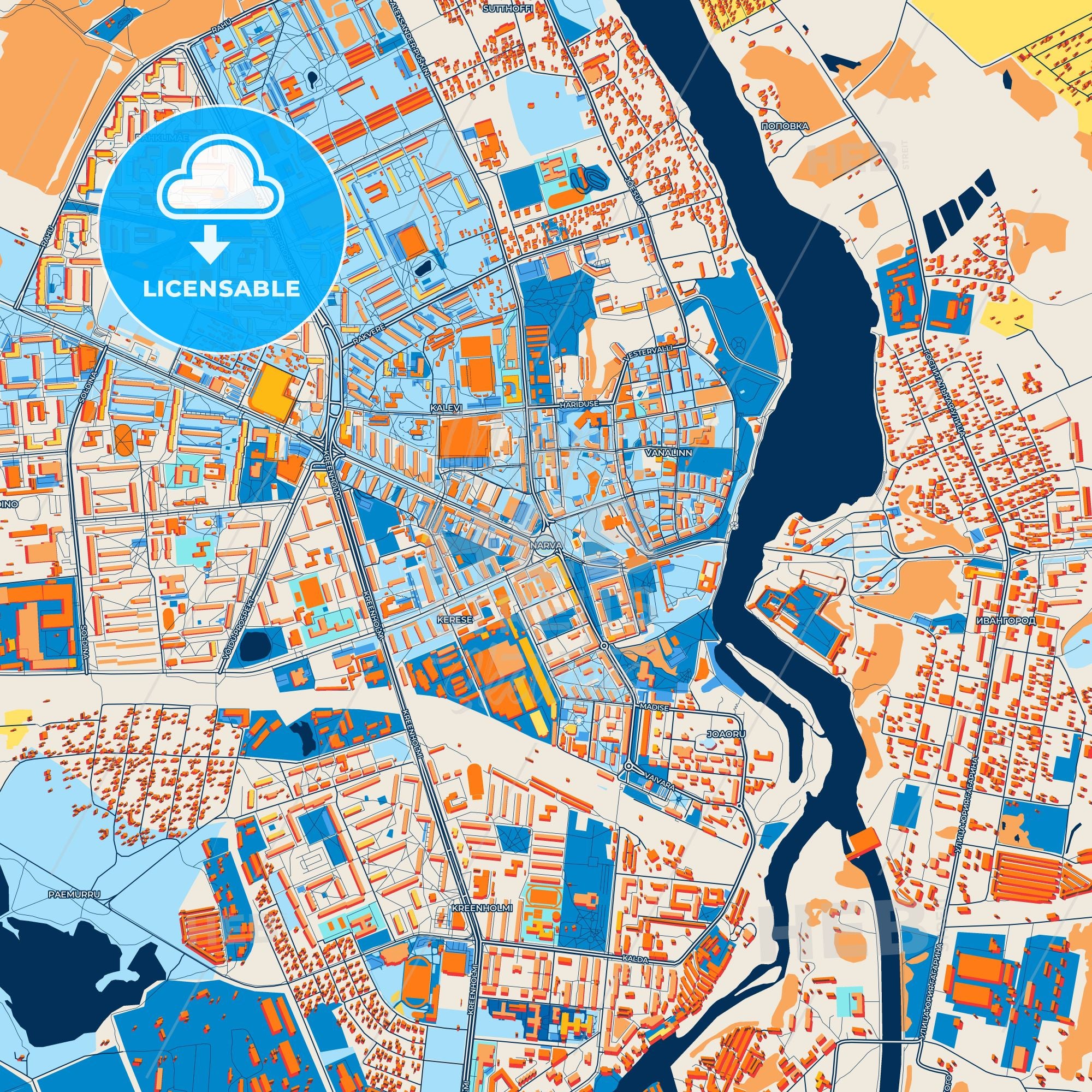 Colorful Narva Street Map With Labels And Buildings HEBSTREITS Narva Labeled Art Map 1020334 15 