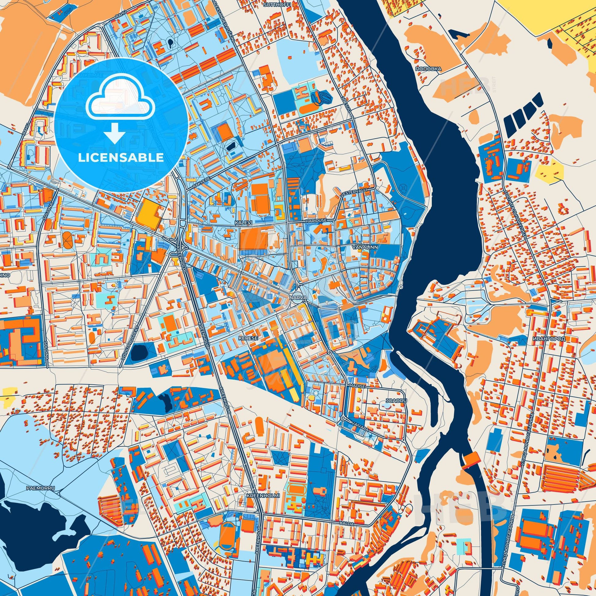 Colorful Narva Street Map with Labels and Buildings