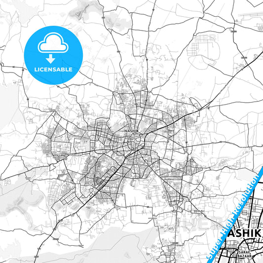 Nashik, India light map with streetnames, citynames and districts
