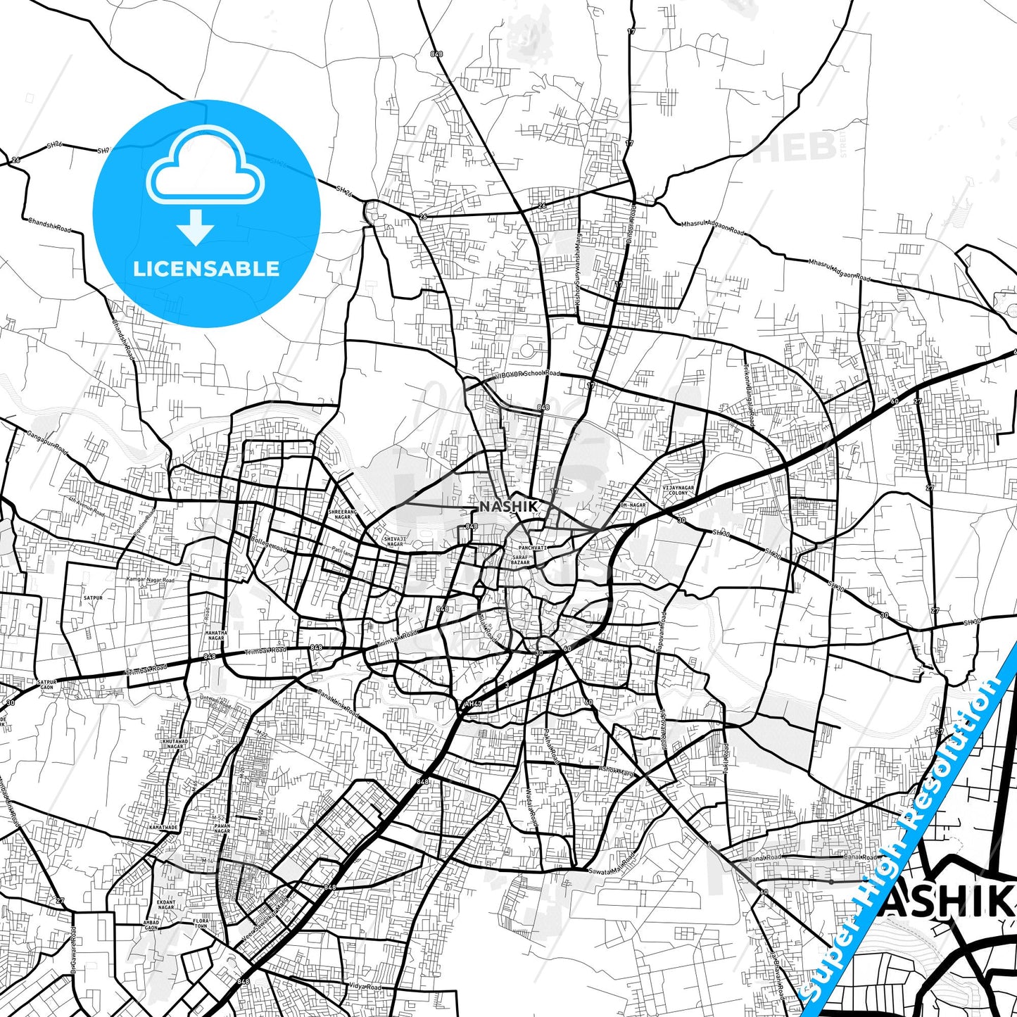 Nashik, India Light Map with Street Names, City Names, and Districts