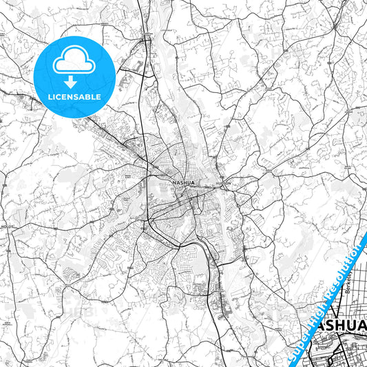 Nashua, New Hampshire light map with streetnames, citynames and districts