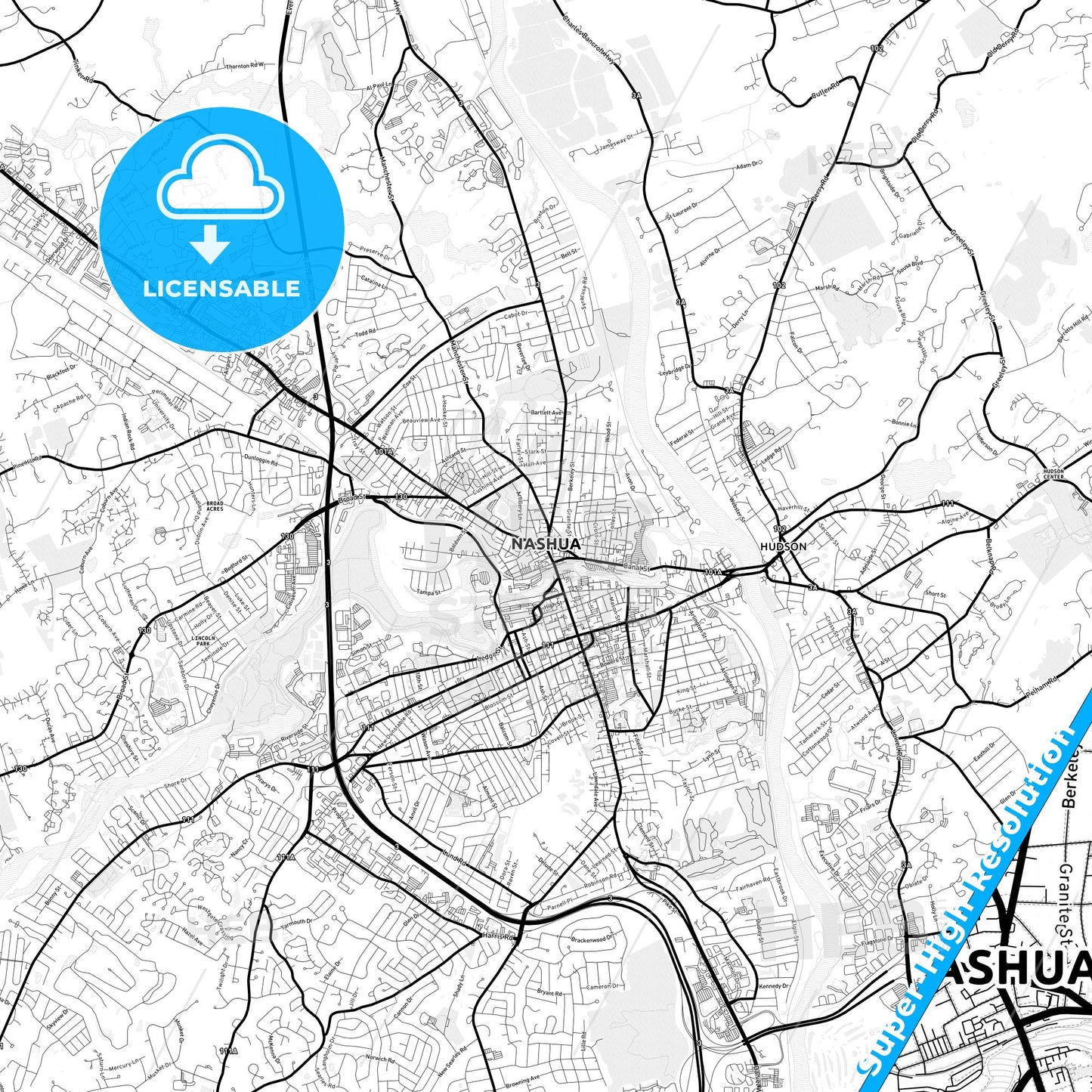 Nashua, New Hampshire Light Map with Street Names, City Names, and Districts