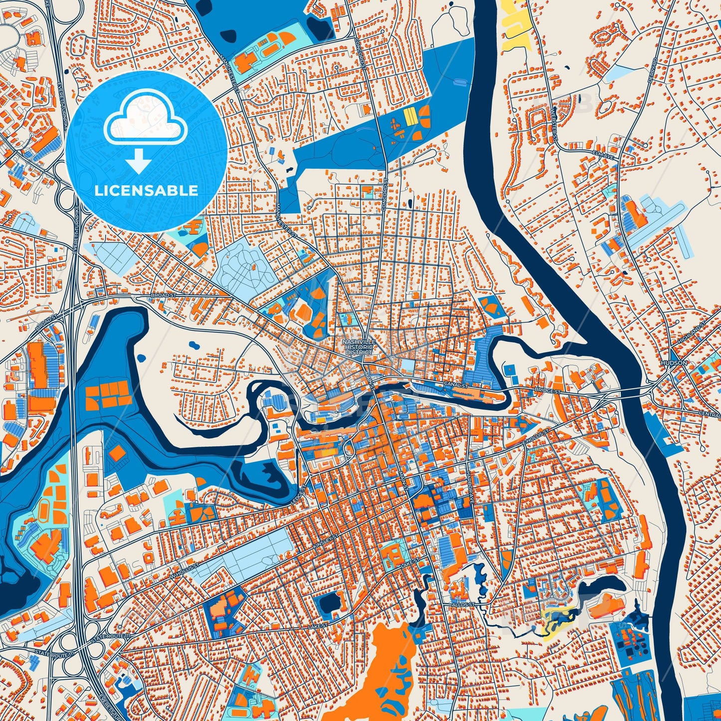 Colorful Nashua Street Map with Labels and Buildings