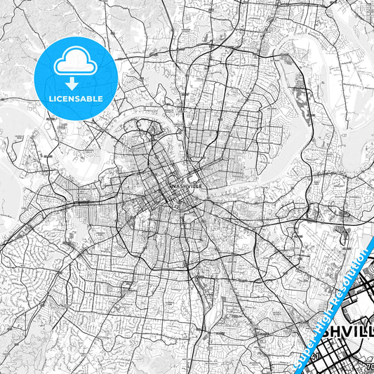 Nashville, Tennessee light map with streetnames, citynames and districts