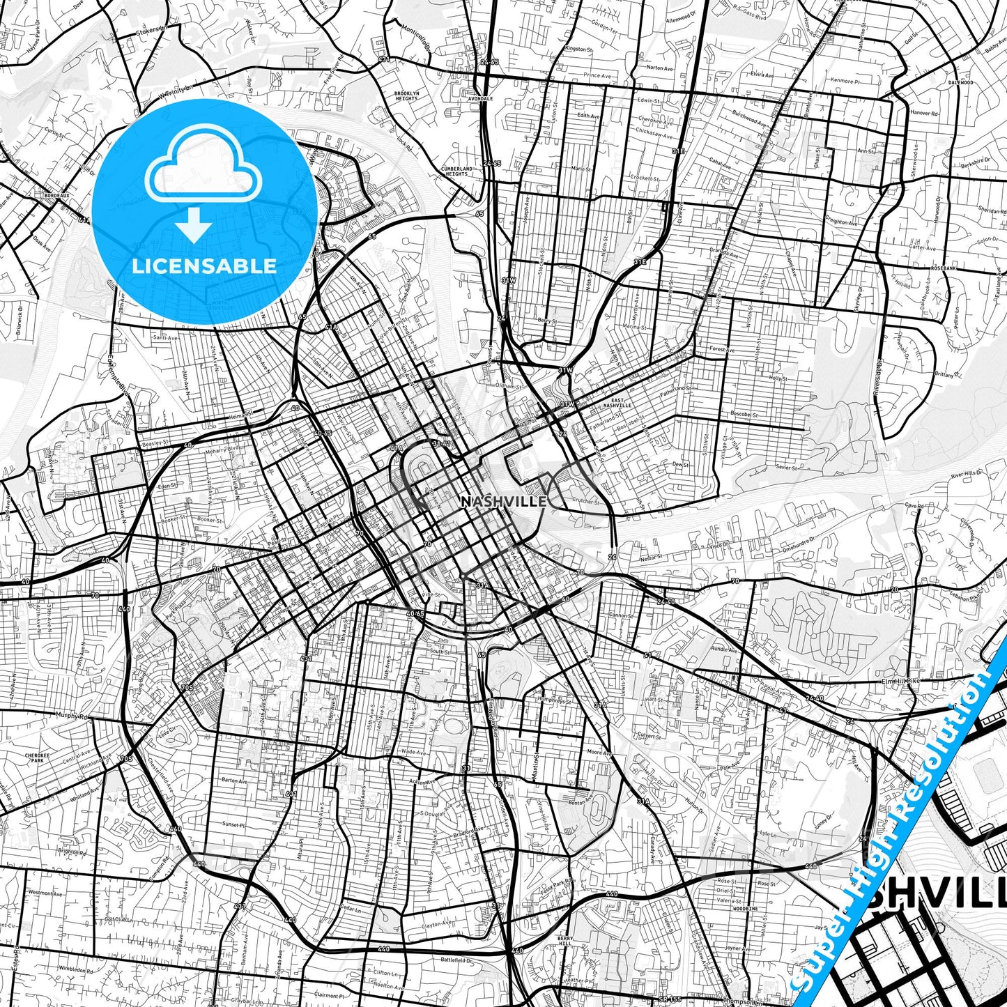 Nashville, Tennessee Light Map with Street Names, City Names, and Districts