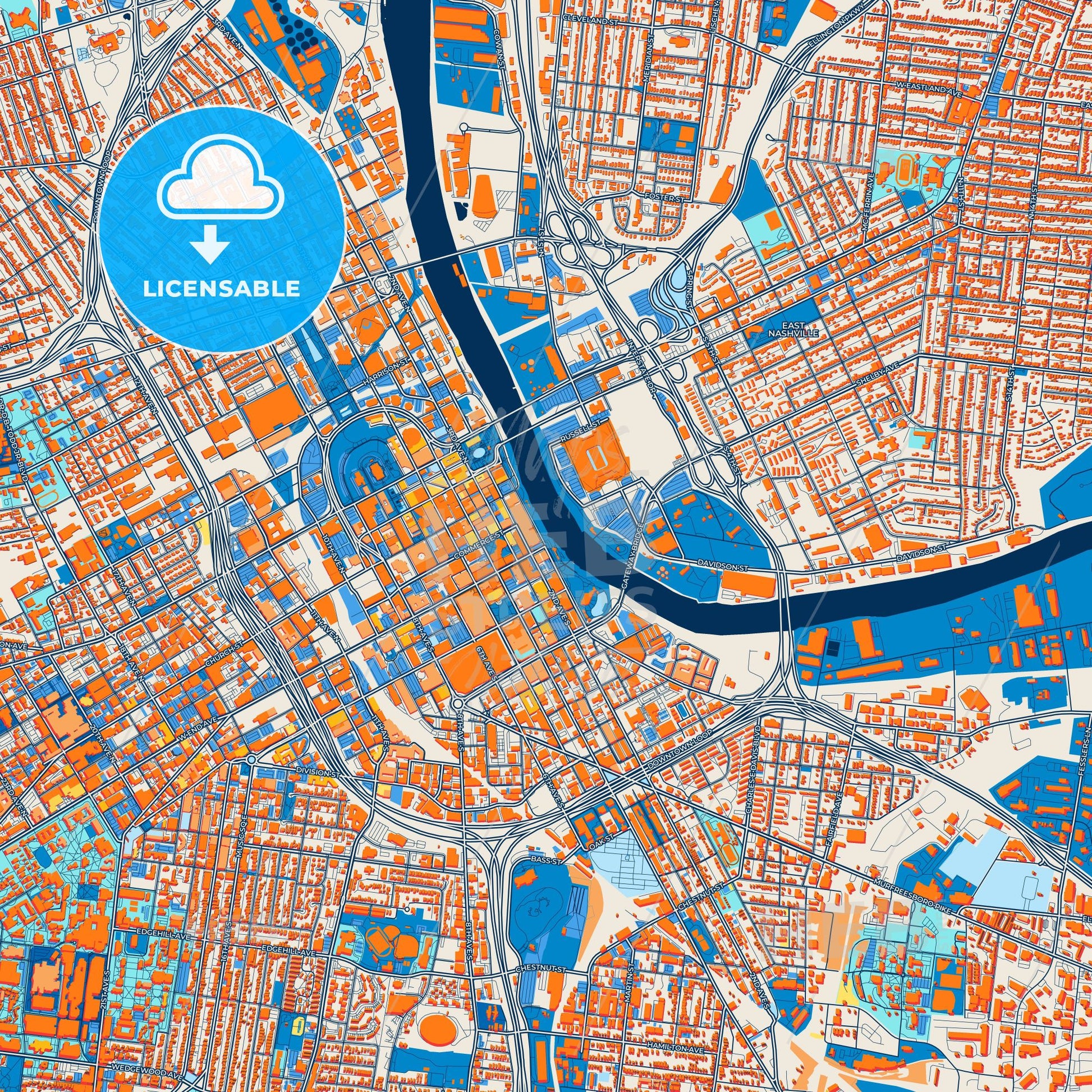 Colorful Nashville Street Map with Labels and Buildings