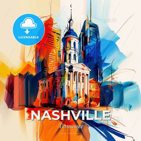 Vibrant Nashville, Tennessee - A Painting Of A Building With A Tower And A City Skyline - Square format print template