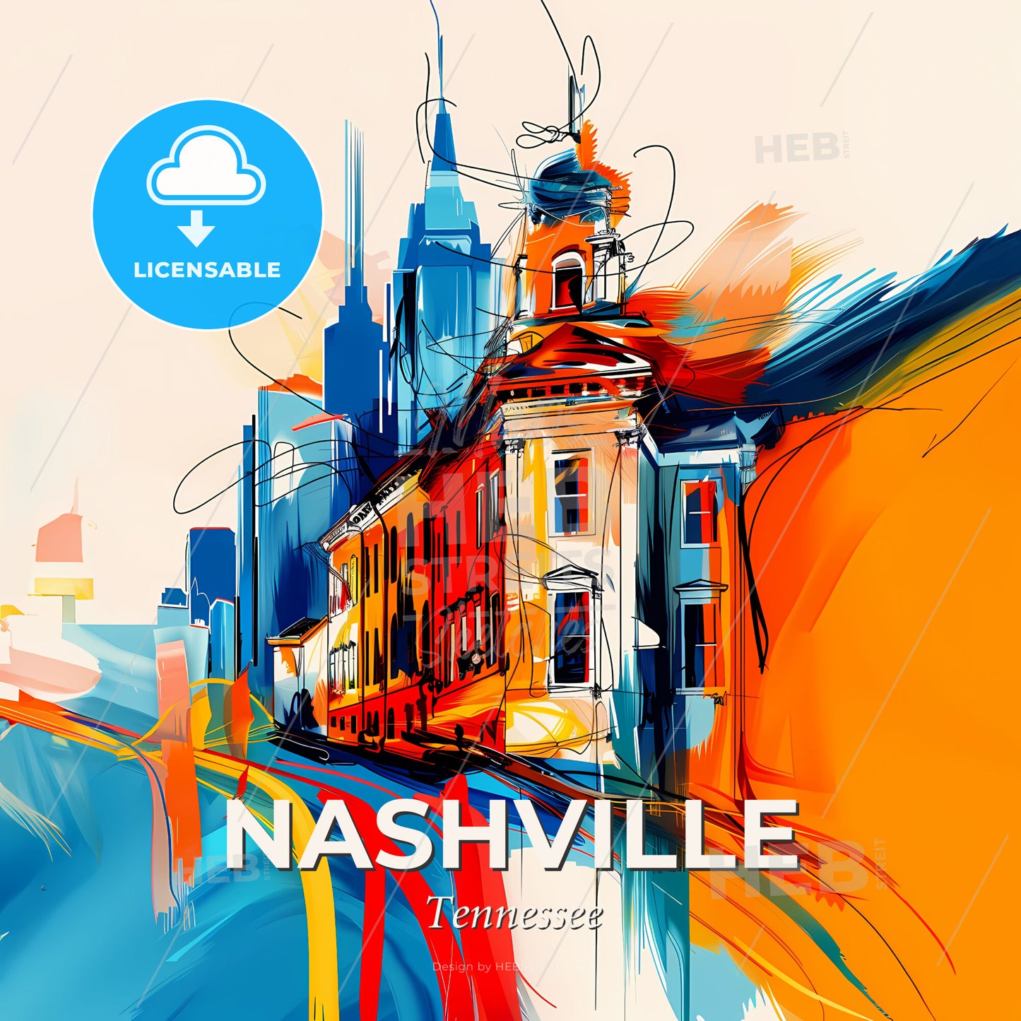 Vibrant Nashville, Tennessee - A Painting Of A Building With A Tower And A Cityscape - Square format print template