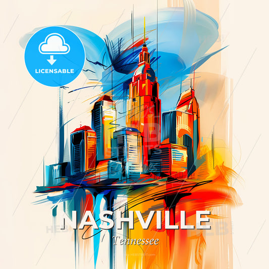 Vibrant Nashville, Tennessee - A Painting Of A Skyline With A Colorful Building - Square format print template