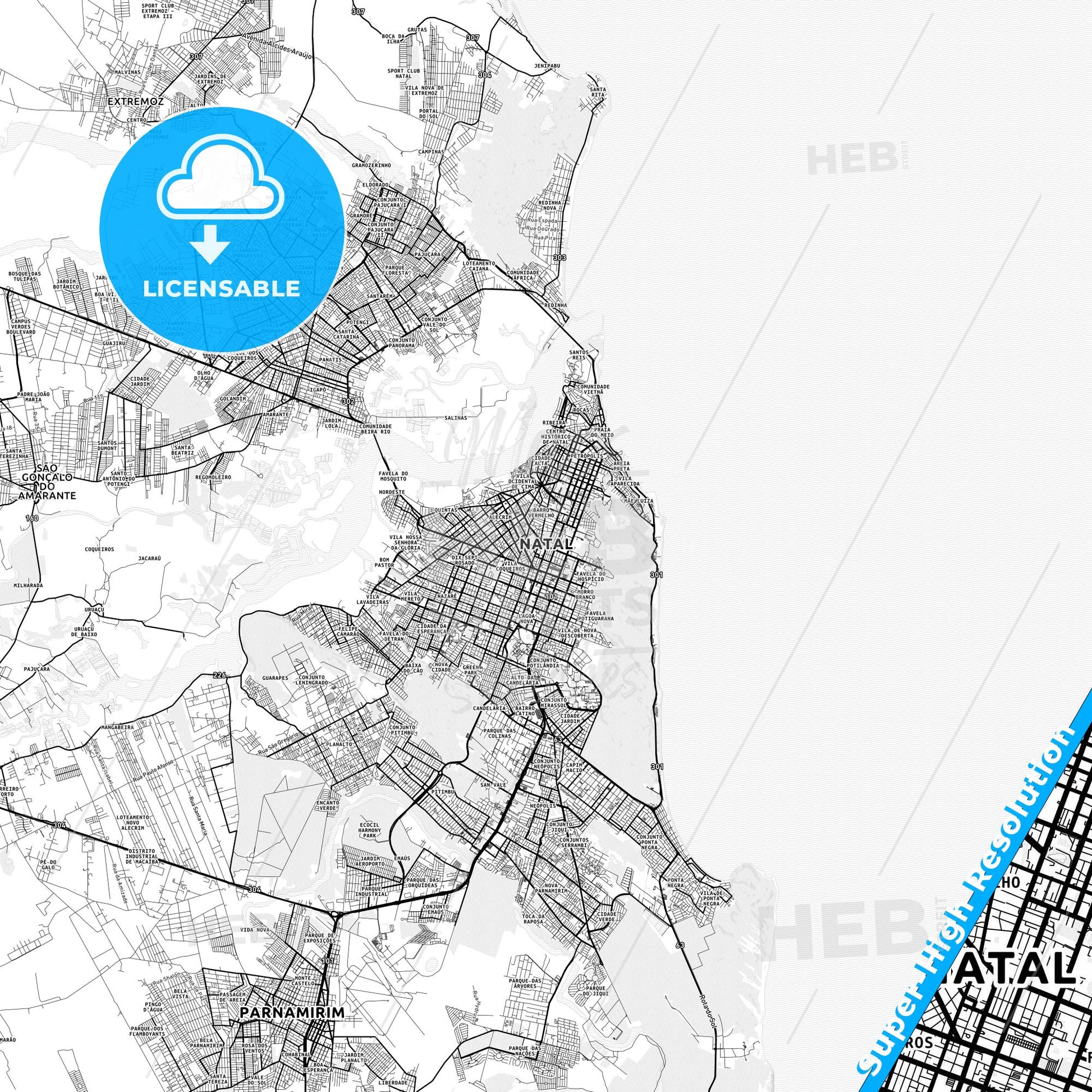 Natal, Brazil light map with streetnames, citynames and districts