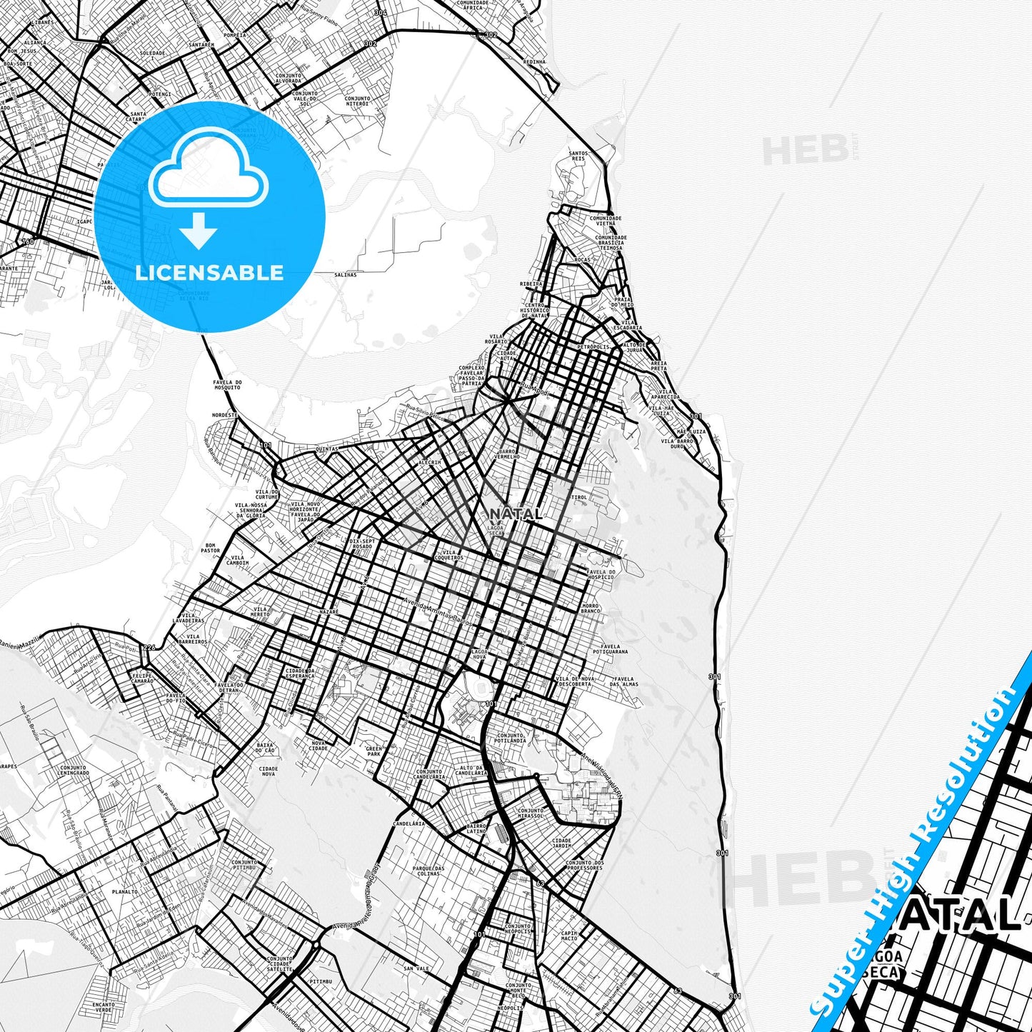 Natal, Brazil Light Map with Street Names, City Names, and Districts