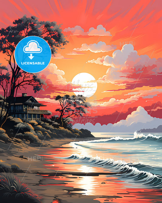 Vibrant Digital House Beach Art Painting Landscape Waves