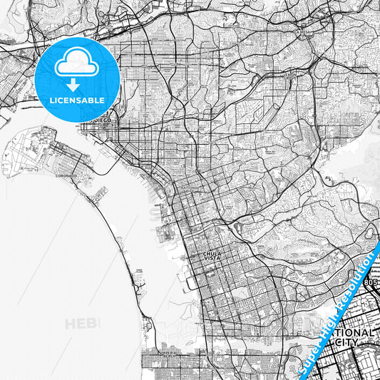 National City, California light map with streetnames, citynames and districts