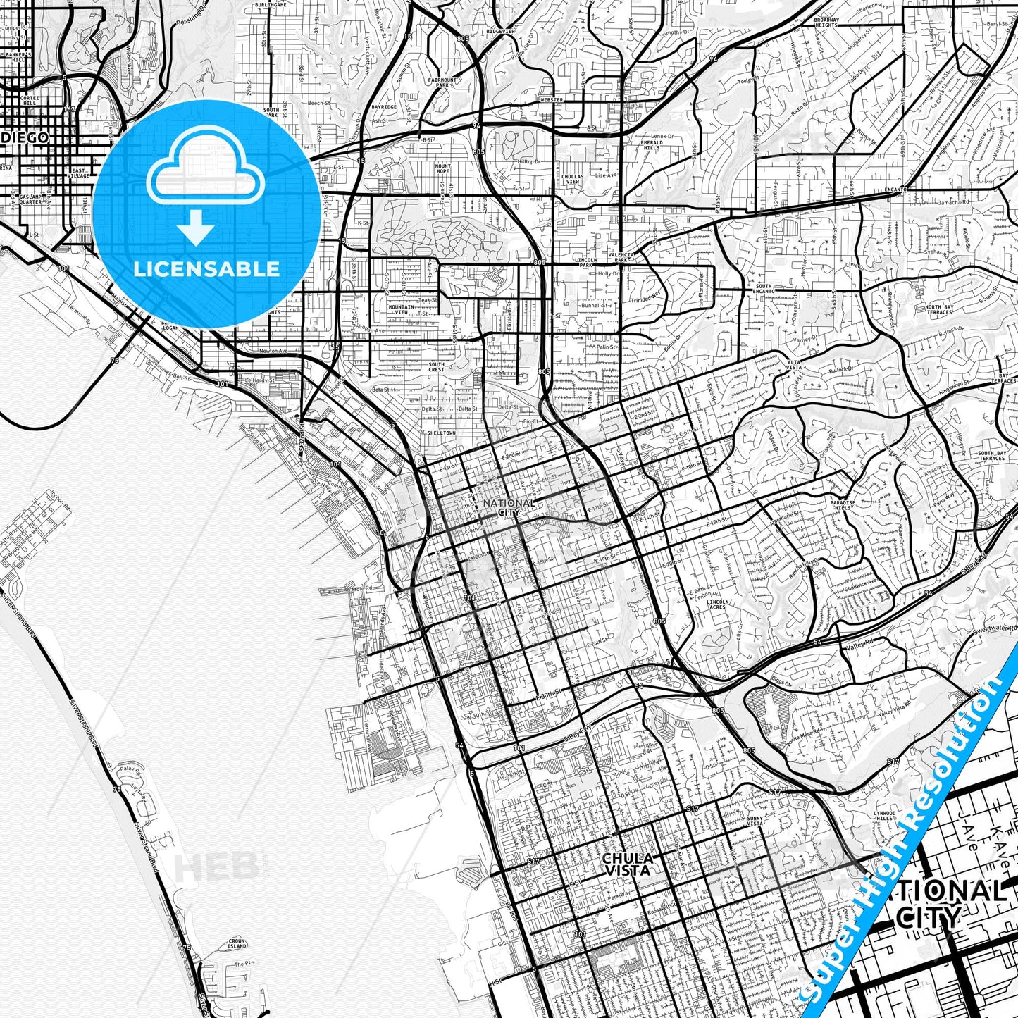 National City, California Light Map with Street Names, City Names, and Districts