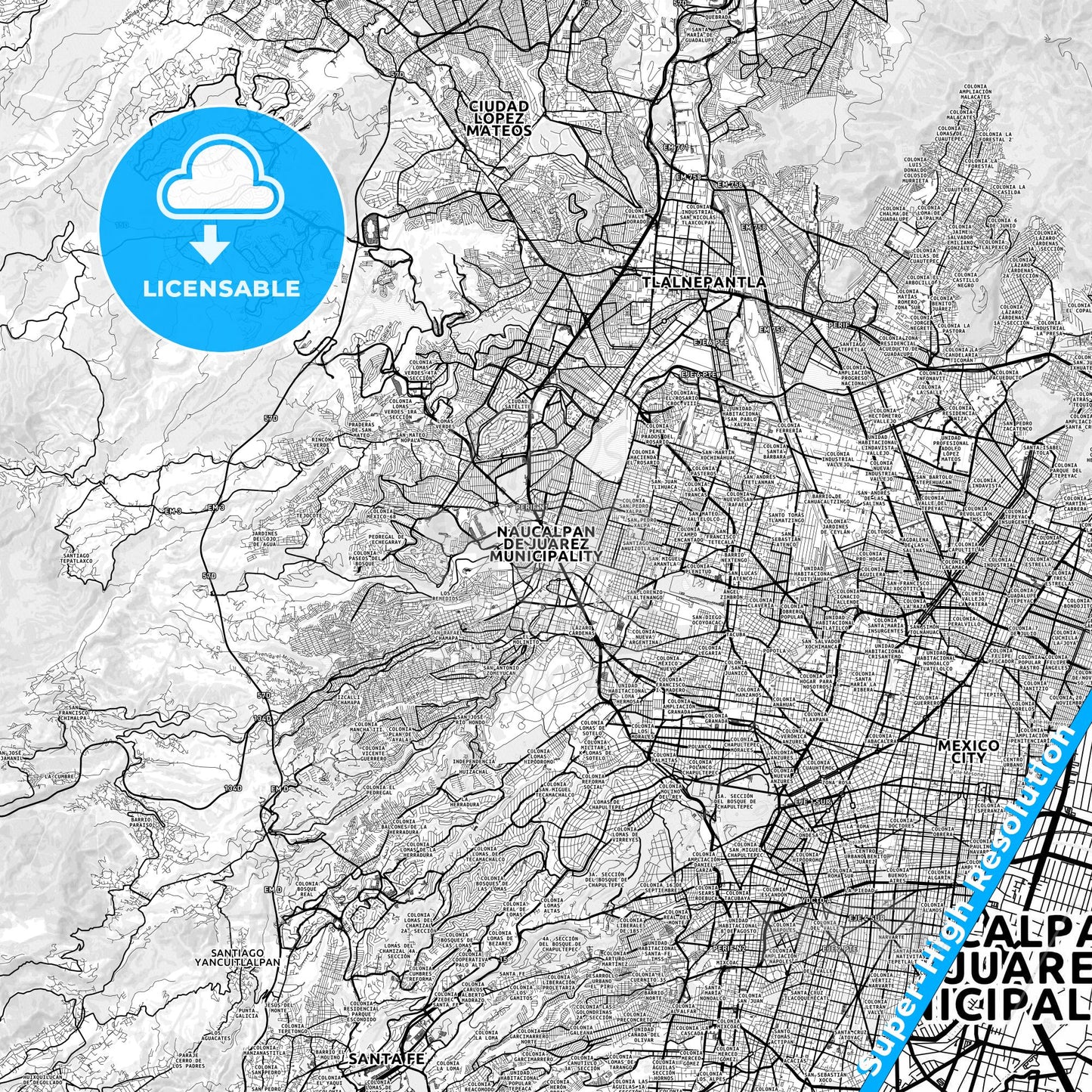 Naucalpan, Mexico light map with streetnames, citynames and districts