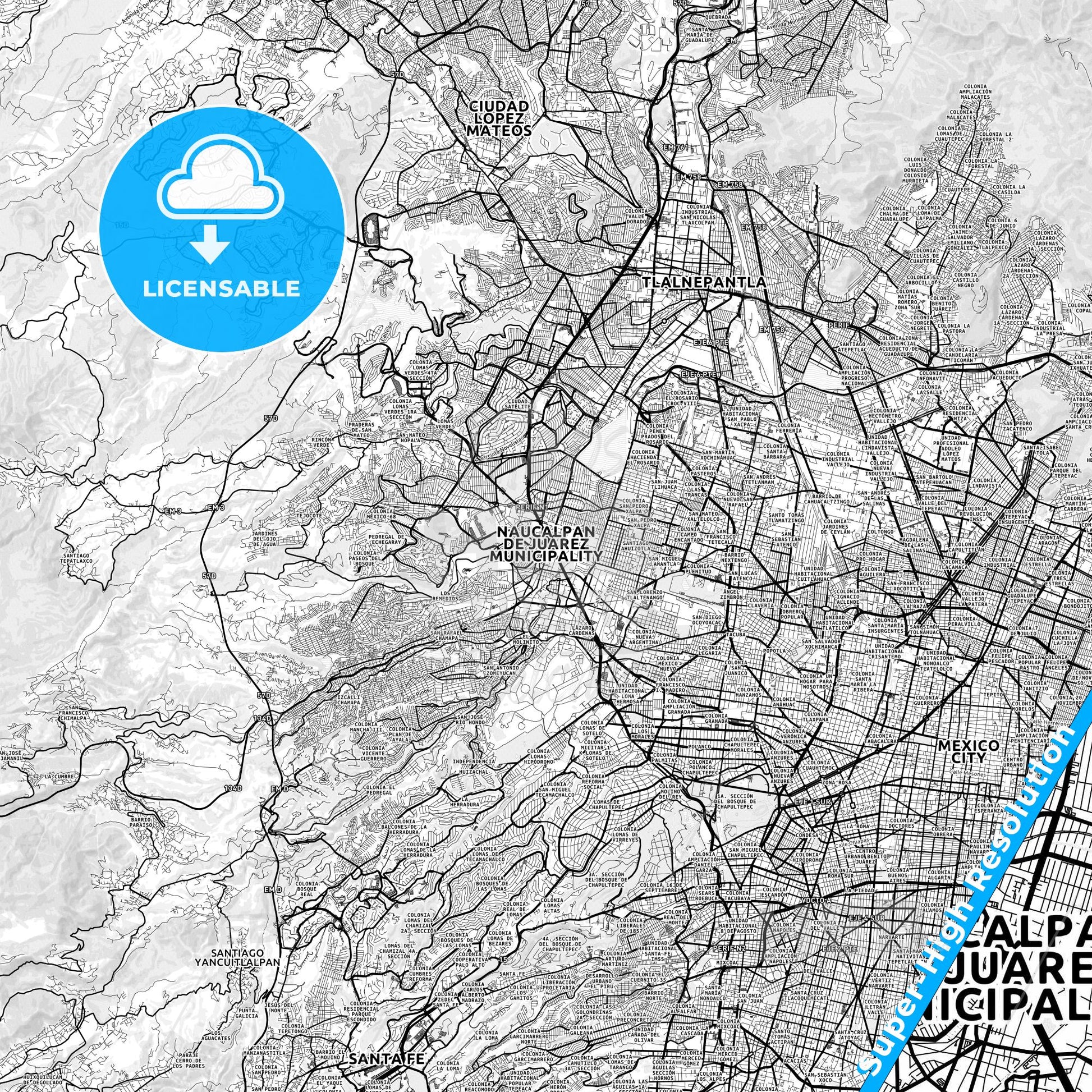 Naucalpan, Mexico light map with streetnames, citynames and districts