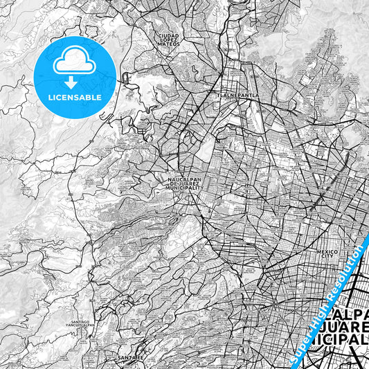 Naucalpan, Mexico light map with streetnames, citynames and districts