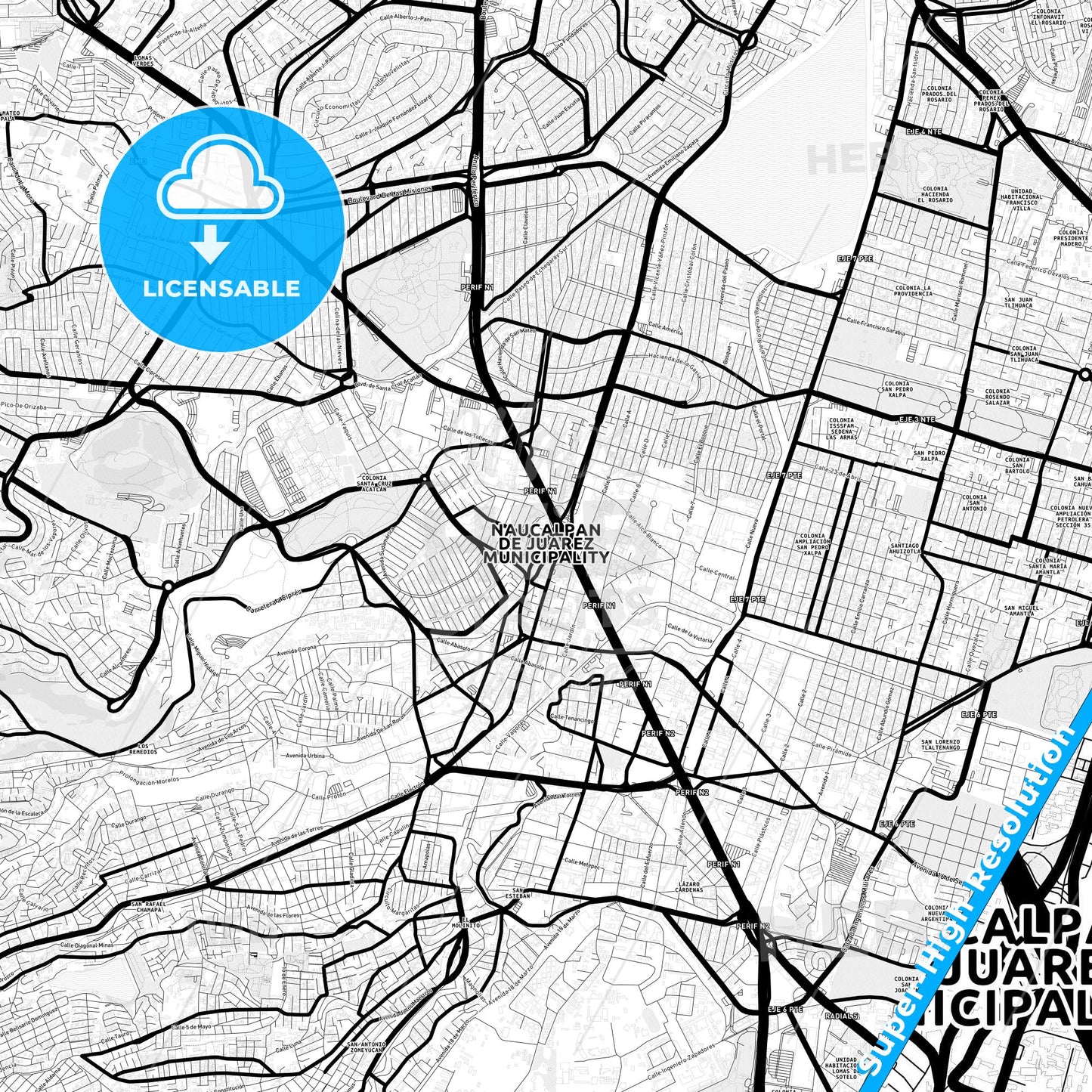 Naucalpan, Mexico Light Map with Street Names, City Names, and Districts