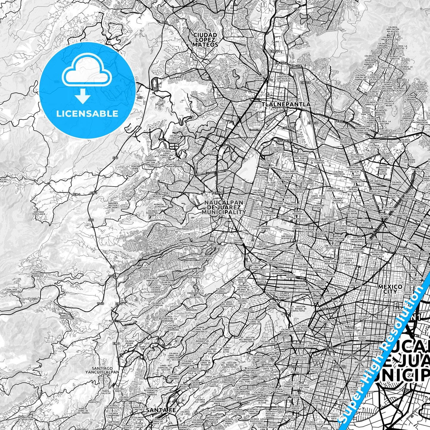 Naucalpan, Mexico light map with streetnames, citynames and districts