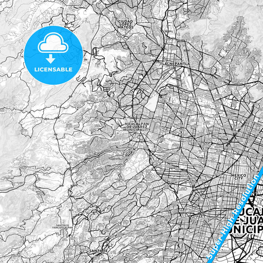 Naucalpan, Mexico light map with streetnames, citynames and districts