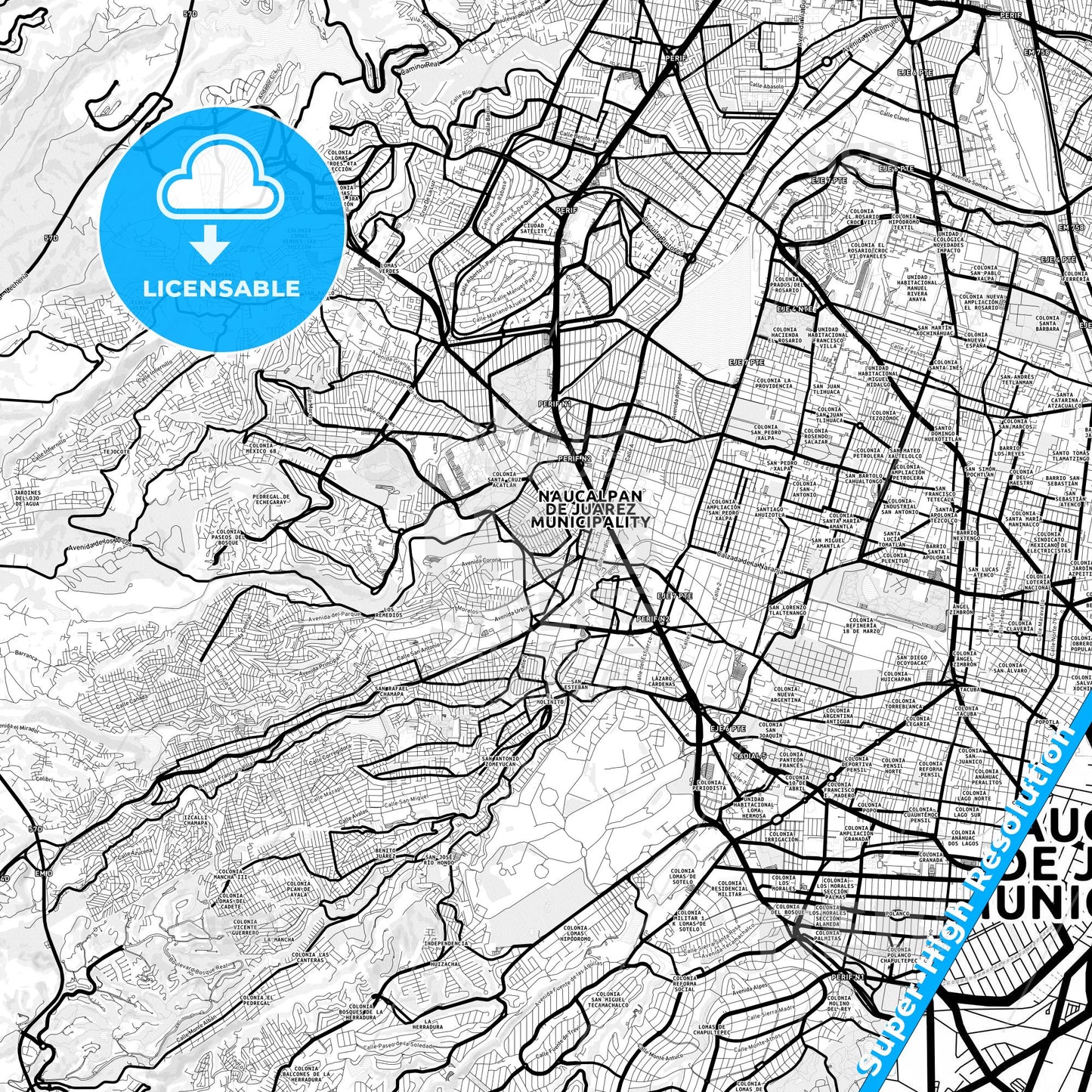 Naucalpan, Mexico Light Map with Street Names, City Names, and Districts