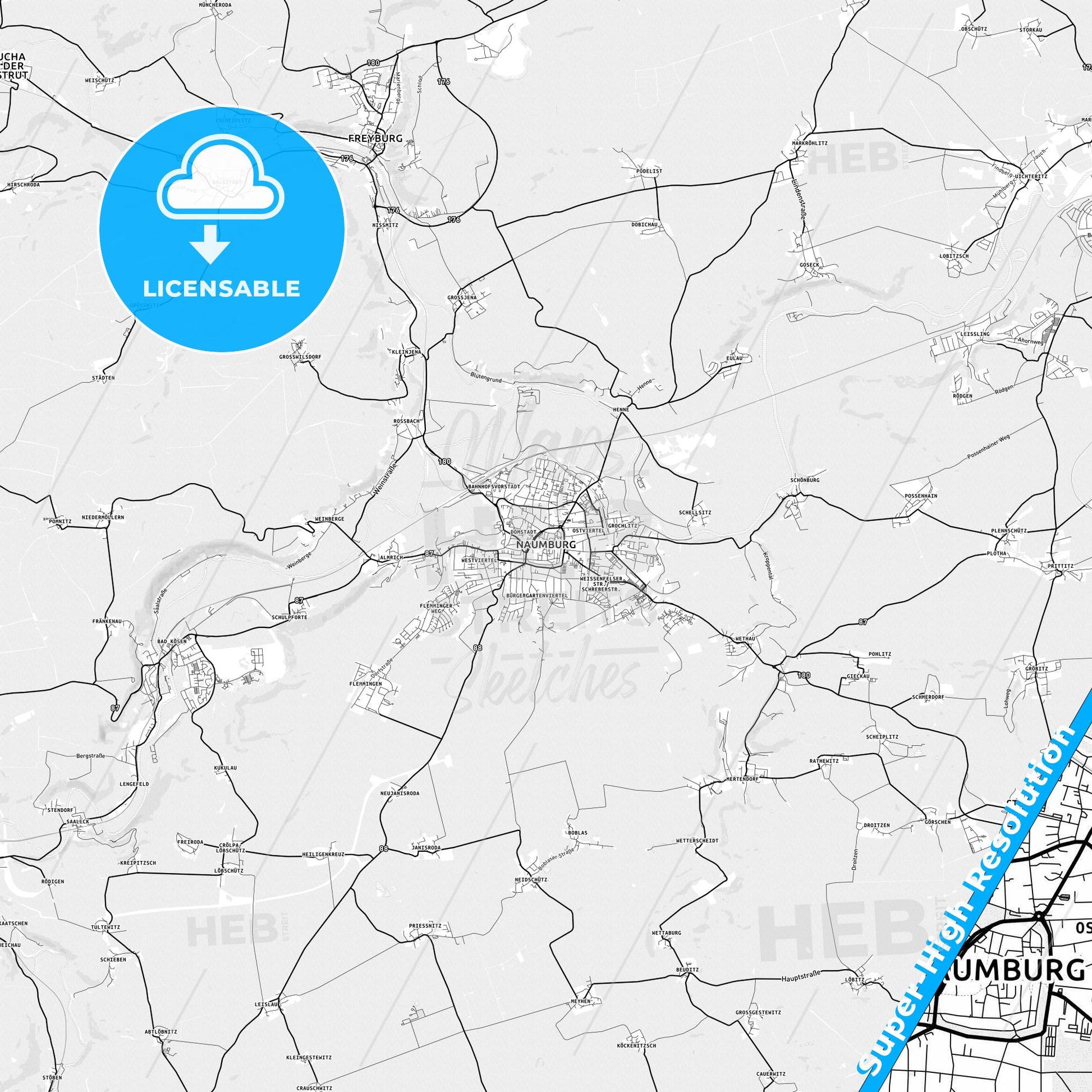 Naumburg (Saale), Germany light map with streetnames, citynames and districts