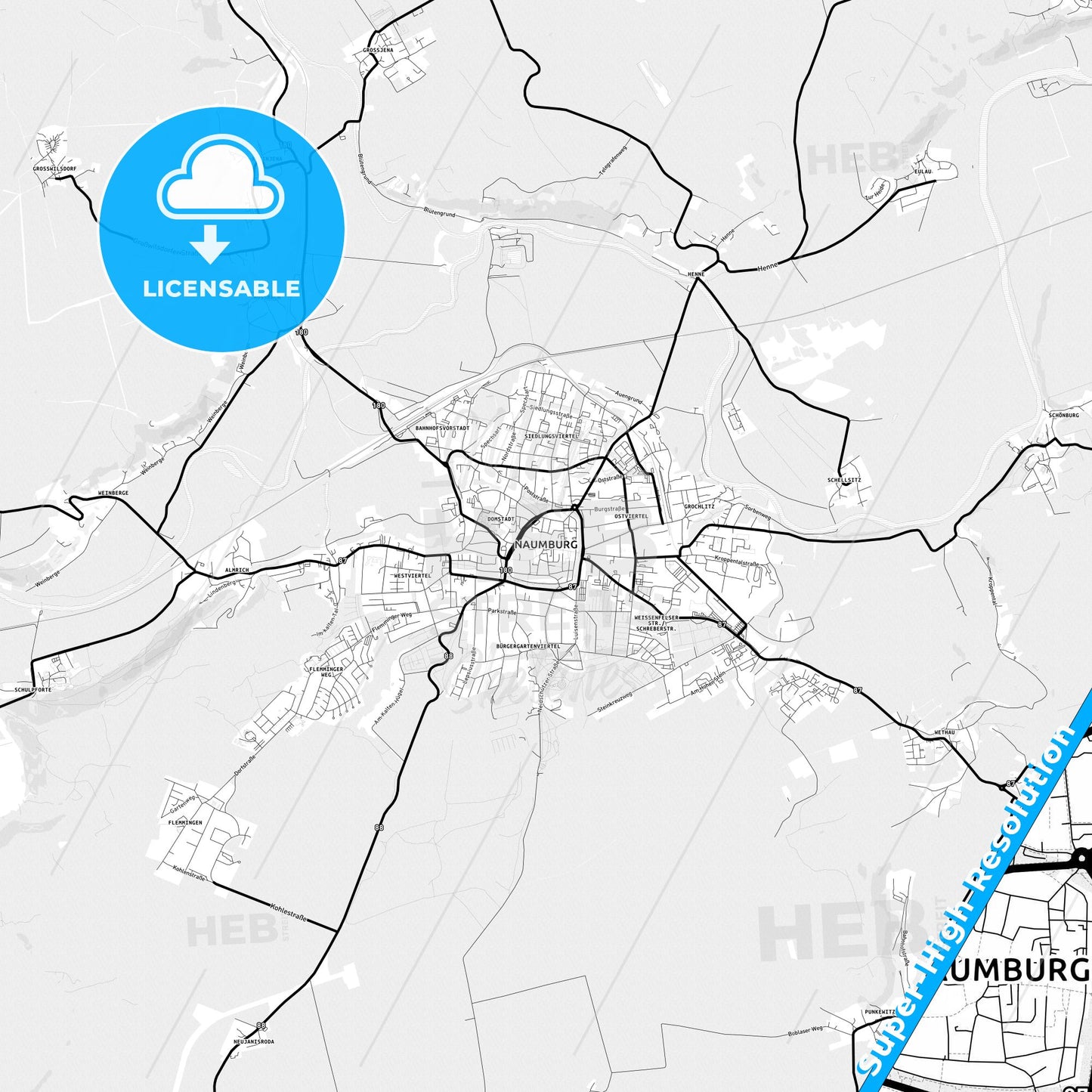 Naumburg (Saale), Germany Light Map with Street Names, City Names, and Districts