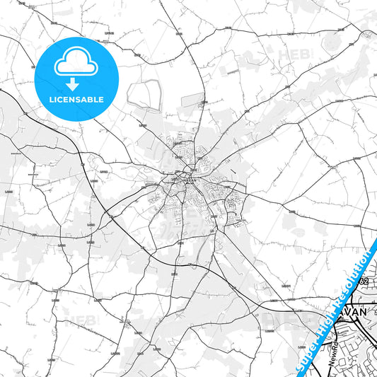 Navan, Ireland light map with streetnames, citynames and districts